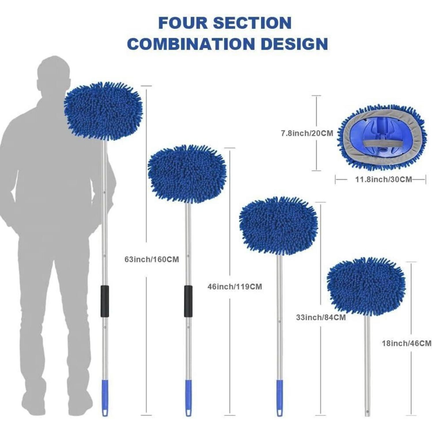 LuxusKollektion Autowaschbürste Autowaschbürste Teleskop 160cm 3in1 2 Moppköpfe Mikrofaser Dunkelblau