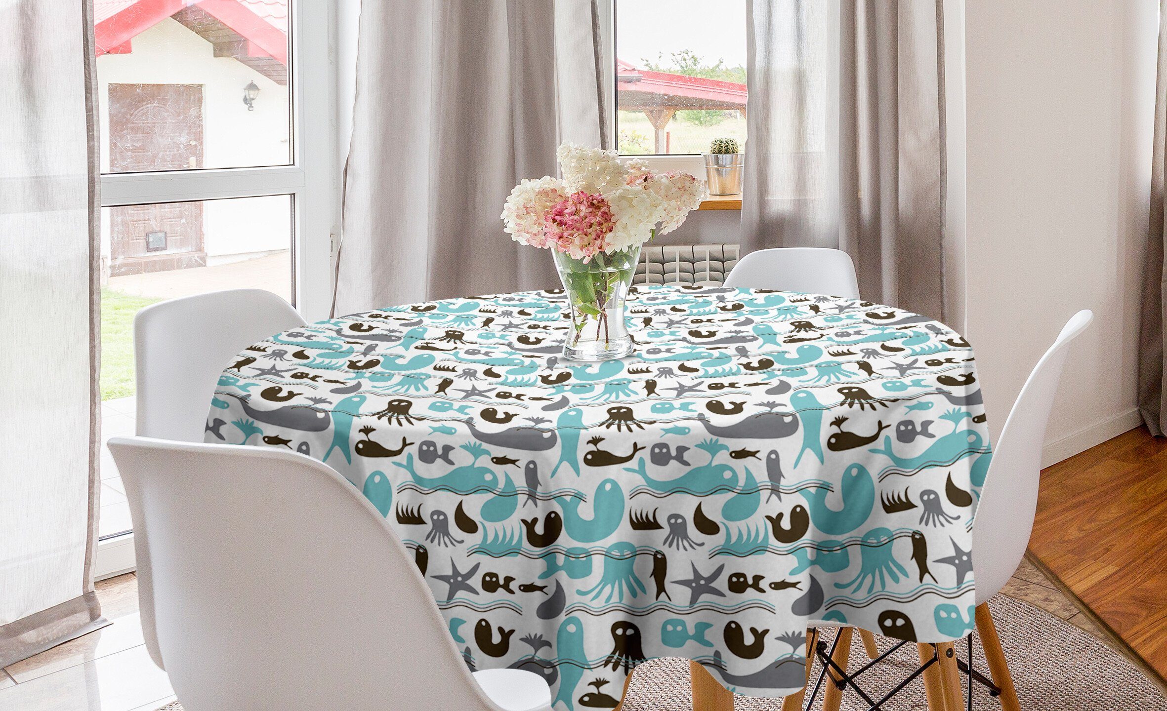 Abakuhaus Tischdecke Kreis Tischdecke Abdeckung für Esszimmer Küche Dekoration, Wale Quallen Wal Unterwasser