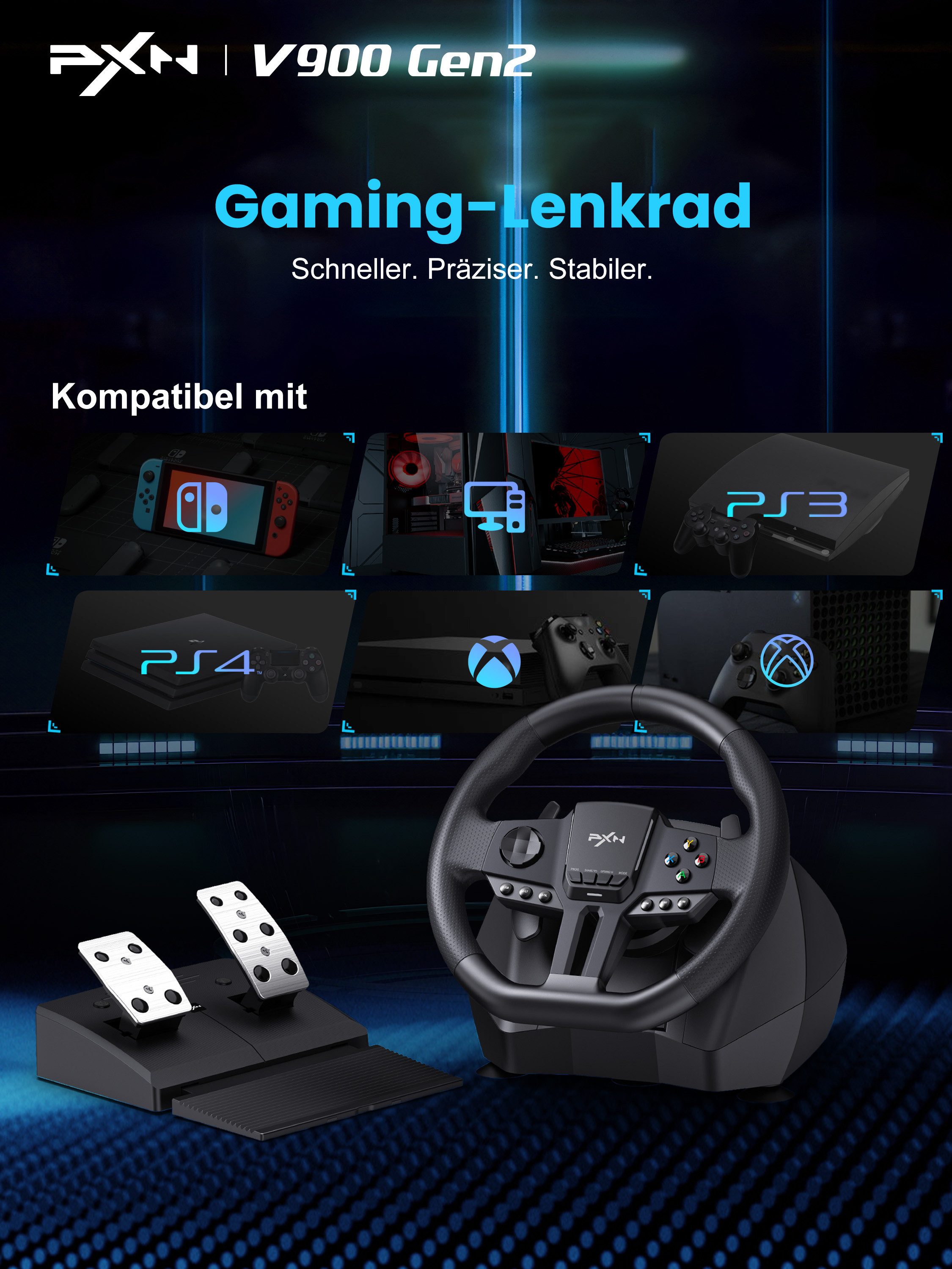 PXN Gaming-Rennlenkrad mit Hall-Effekt-Pedalen, 270°/900° umschaltbar Gaming-Lenkrad (Dual-Motor-Vibration, RGB, kompatibel mit PC, PS4, Xbox, Switch)