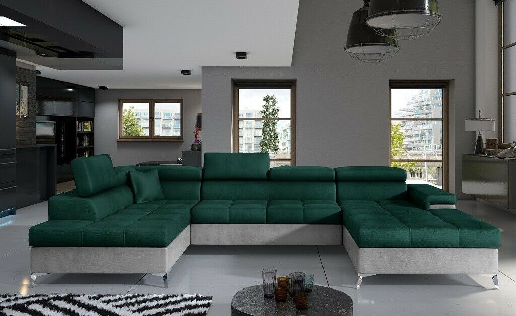 JVmoebel Design Stoff Ecksofa Ecksofa, U-Form Couch Wohnlandschaft Sofa Grün/Grau Modern Modern