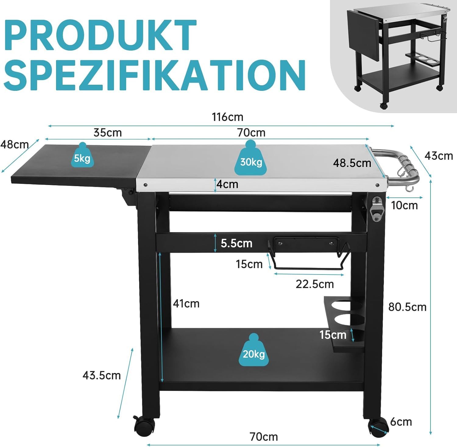 TLGREEN Grillablagetisch Grillwagen Edelstahl mit Klappbarem Beistelltisch (2-Ebenen Outdoor Küchenwagen mit 4 Rollen(2 mit Bremse) & Weinregal, Robuster Servierwagen für Garten BBQ Terrasse Balkon), 116x48,5x80,5 cm