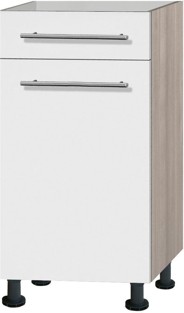 OPTIFIT Unterschrank Bern 40 cm breit, mit Tür und Schubkasten, mit höhenverstellbaren Füßen weiß Hochglanz/akaziefarben | akaziefarben