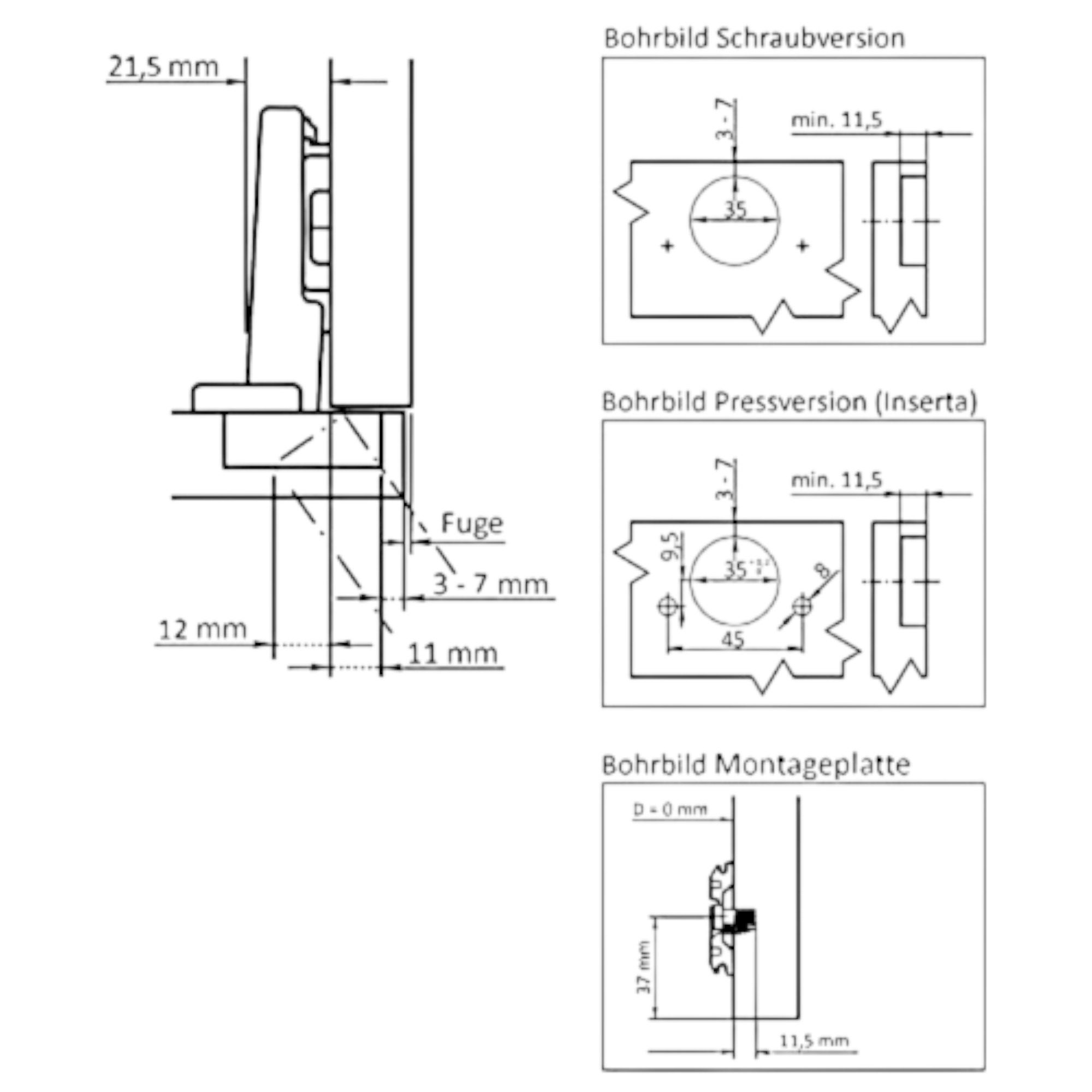 SO-TECH® Möbelbeschlag T45 Topfbänder Eckanschlag 110° Automatikscharnier (10 St), inkl. Ankörnschablone
