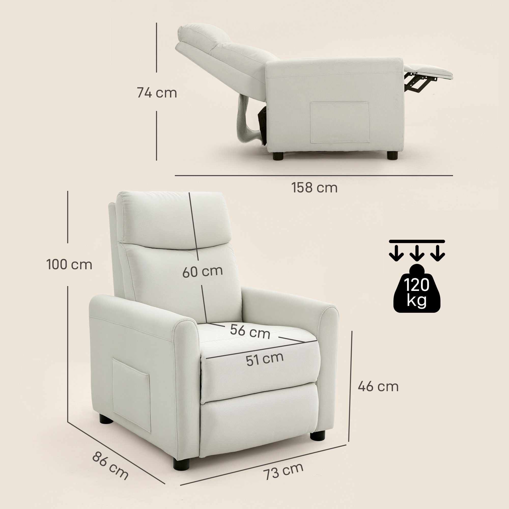 HOMCOM Relaxsessel Fernsehessel mit Liegefunktion, TV Sessel mit Taschenfedern (Set, 1-St., 1), 135° Liegefunktion, Seitenfächer, 5-Min.-Aufbau – Bild 3 von 5