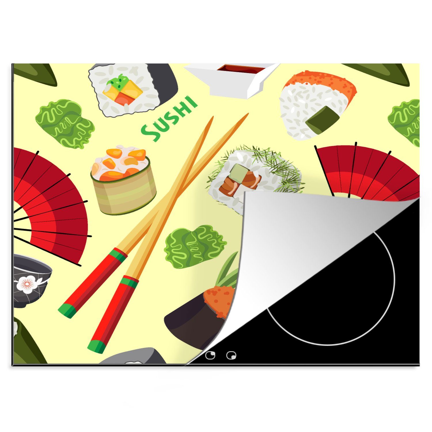 MuchoWow Herdblende-/Abdeckplatte Sushi - Japan - Muster, Vinyl, (1 tlg), 60x52 cm, Mobile Arbeitsfläche nutzbar, Ceranfeldabdeckung | Herdabdeckplatten