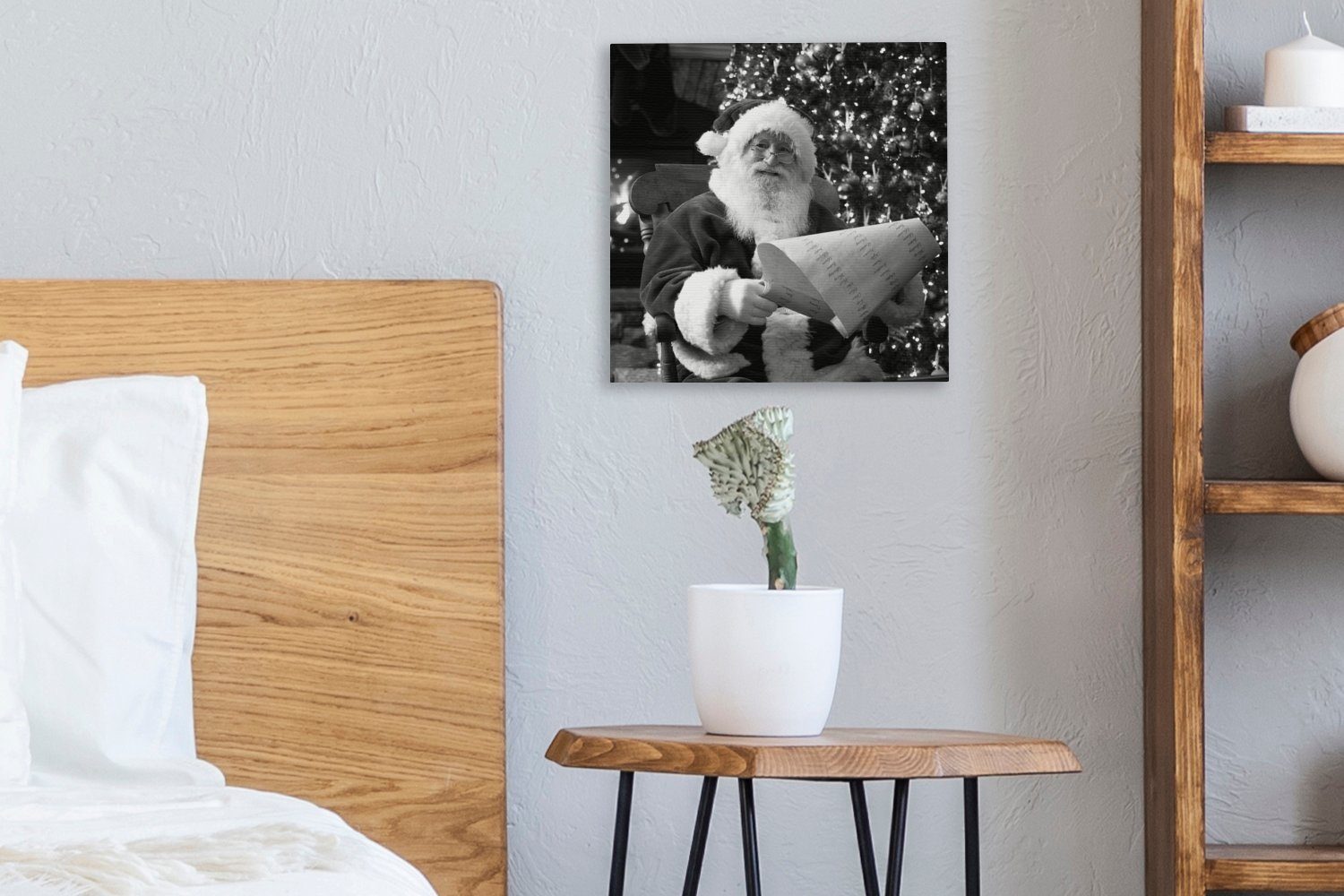 Der und prüft Wohnzimmer Weihnachtsmann OneMillionCanvasses® weiß, Leinwandbild (1 Schlafzimmer - schwarz Leinwand St), Rahmen seinen Bilder für