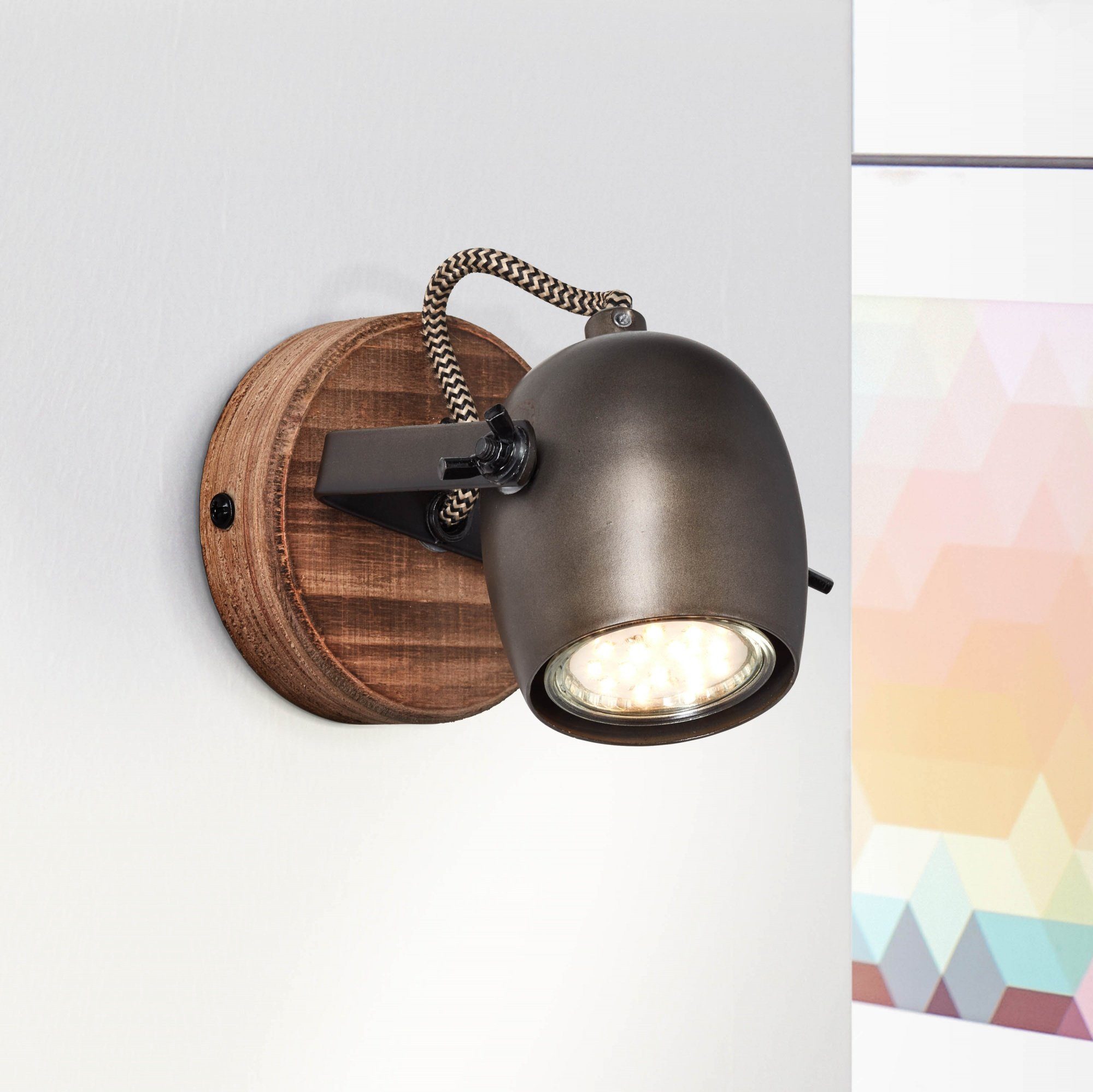 Lightbox Wandleuchte, ohne Leuchtmittel, Wandspot, 14 x 10 cm, schwenkbar, GU10, Holz/Metall, braun/schwarz