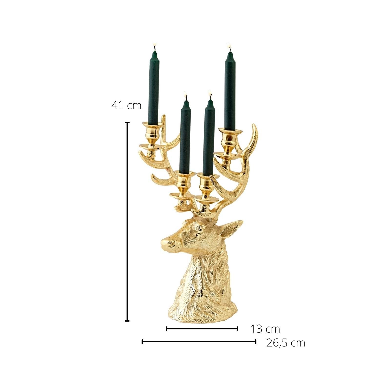 EDZARD Kerzenhalter Richard, Gold-Optik, Hirsch-Design, für 4 Stabkerzen, vernickelt, H 43 cm