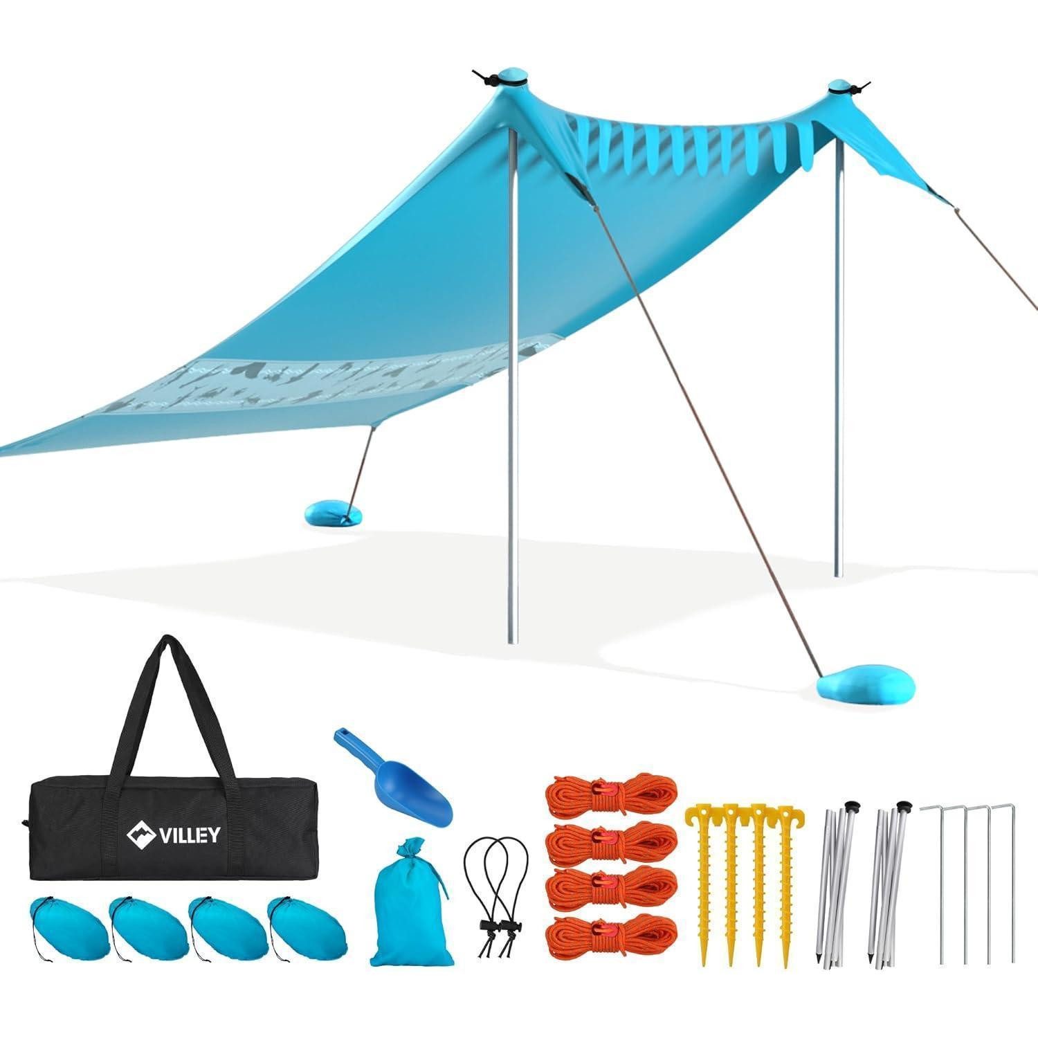 Strandmuschel Strandzelt Sonnenschutz 2,4m x 2m Blau UPF50+ Lycra für 3 Personen mit