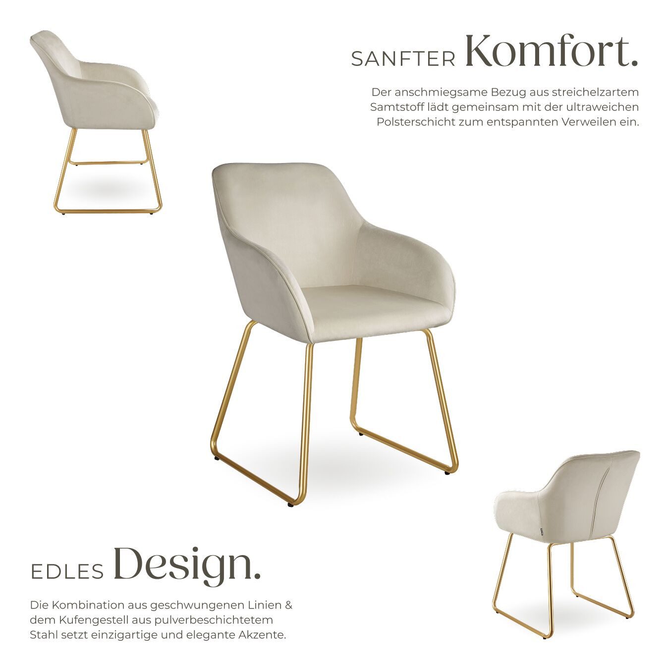 tectake Esszimmerstuhl Polsterseesel in Samtoptik, Belastbarkeit 120 kg, 57 x 61 x 85,5 cm (Küchenstuhl Jeane in Samtoptik creme/gold, 1 St), höhenverstellbare Füße, durchgehende Lehne, Kufengestell aus Stahl