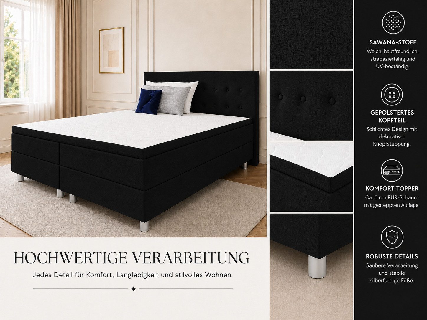 Best for Home Boxspringbett mit gepolstertem Kopfteil, komfortabler Bonnell-Matratze & 5 cm Topper (Boxspringbett-Set mit Matratze und Topper, 1-St., 90x200 120 – Bild 4 von 5
