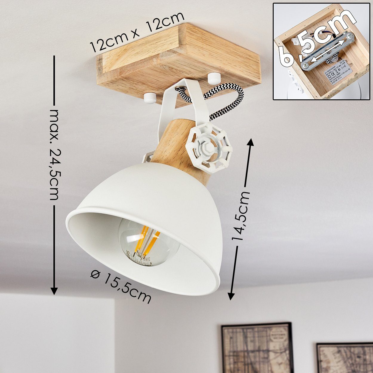 Leuchtmittel, Retro/Vintage Design im Wandlampe 1xE27, Wandspot Deckenleuchte in Metall/Holz hofstein Weiß/Braun, ohne aus verstellbare »Cotes«