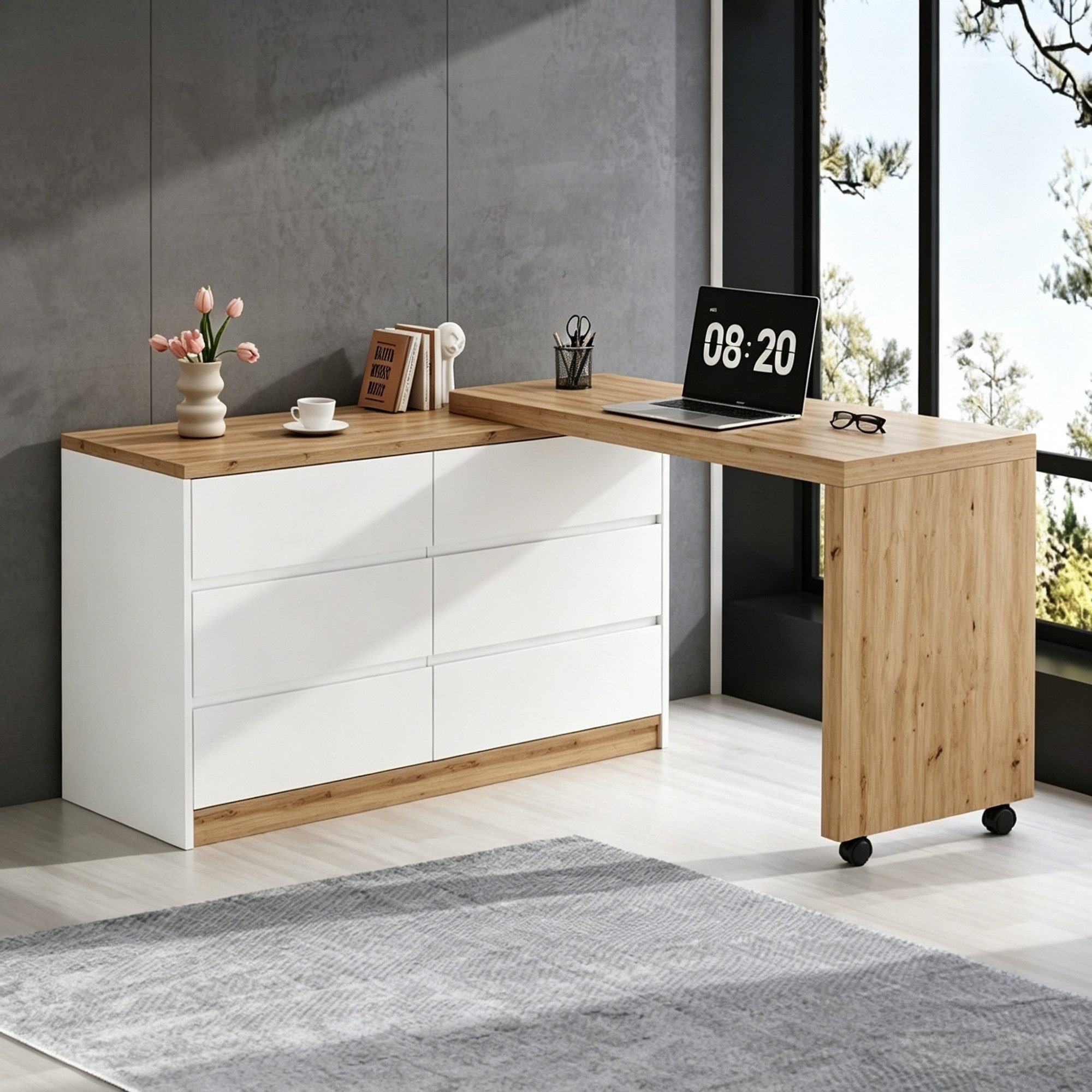 HAUSS SPOLE Schreibtisch mit feststellbaren Rollen,Faltbarer Wohnzimmertisch mit 6 Schubladen (Multifunktionaler Homeoffice-Schreibtisch mit Sideboard-Funktion), Drehbare Tischplatte,Eichenoptik-Oberfläche