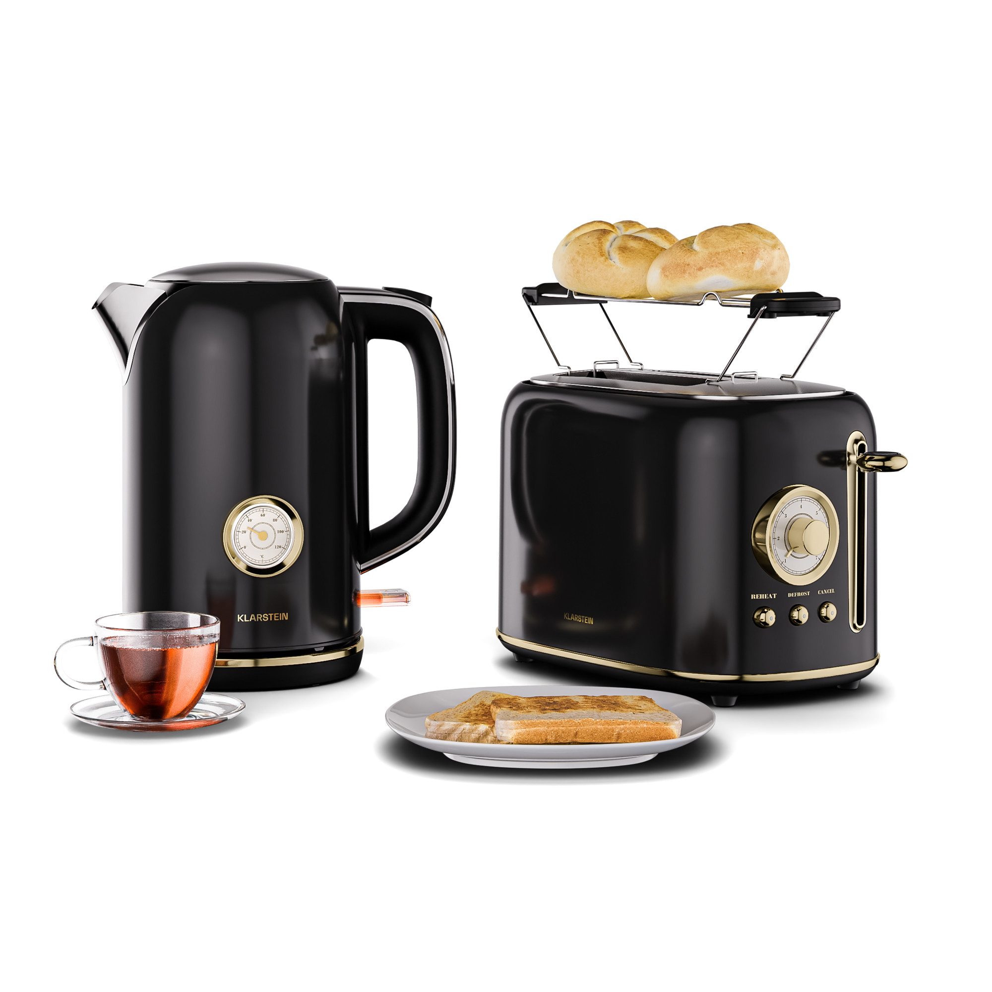 Klarstein Frühstücks-Set Victoria (3-tlg), Toaster mit Brötchenaufsatz 800W Wasserkocher 1,7 L 2200W Schwarz