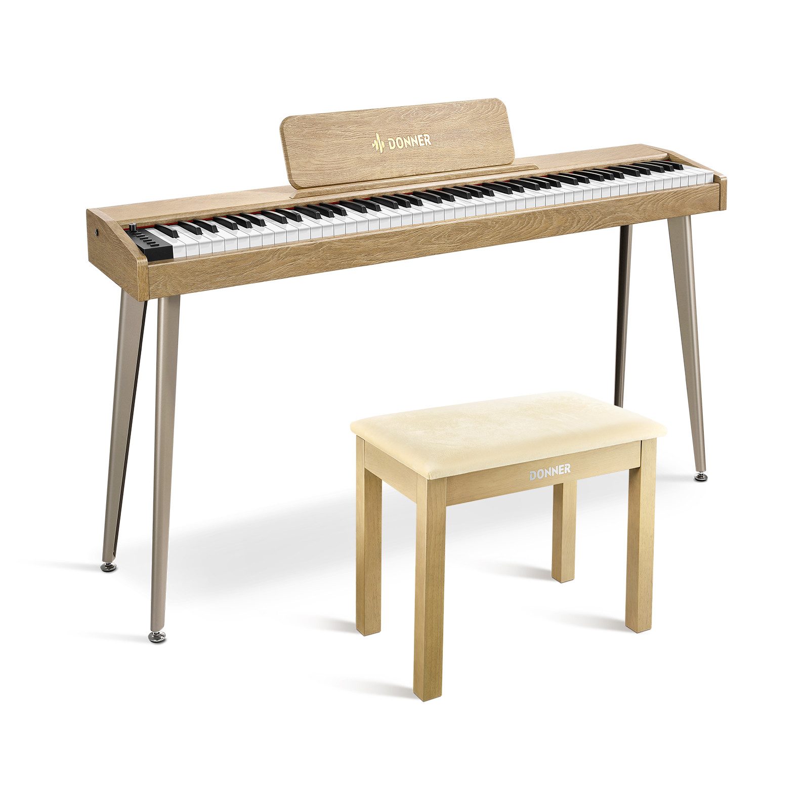 Donner Digitalpiano 88 Tasten halbgewichteter Tastatur Holzmaserung Keyboard DDP-60 (SET, 3-Pedal-Einheit,Netzadapter, Notenständer, Produktanleitung), 128 Stimmen, 83 Rhythmen, 8 Reverb-Effekten, 5 Stärkekurven