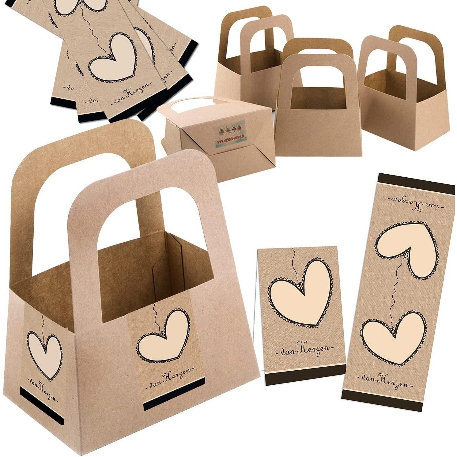 Logbuch-Verlag Geschenkbox 5 kleine Geschenkkörbe + 10 Aufkleber VON HERZEN in braun beige