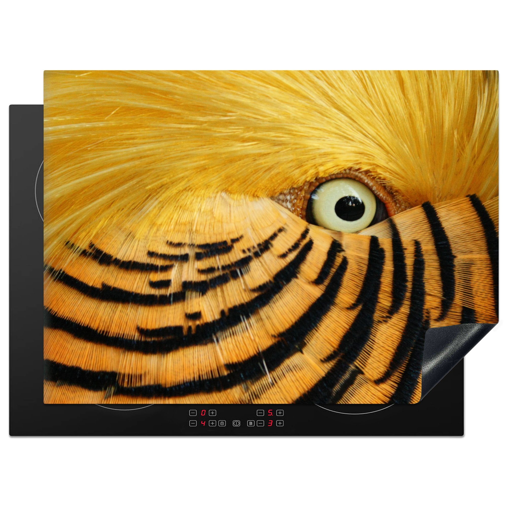 cm, tlg), Vinyl, mit Ceranfeldabdeckung des MuchoWow Auges Vogels Herdblende-/Abdeckplatte und Arbeitsfläche Mobile 70x52 schwarzen, (1 eines Nahaufnahme Federn gelben nutzbar,
