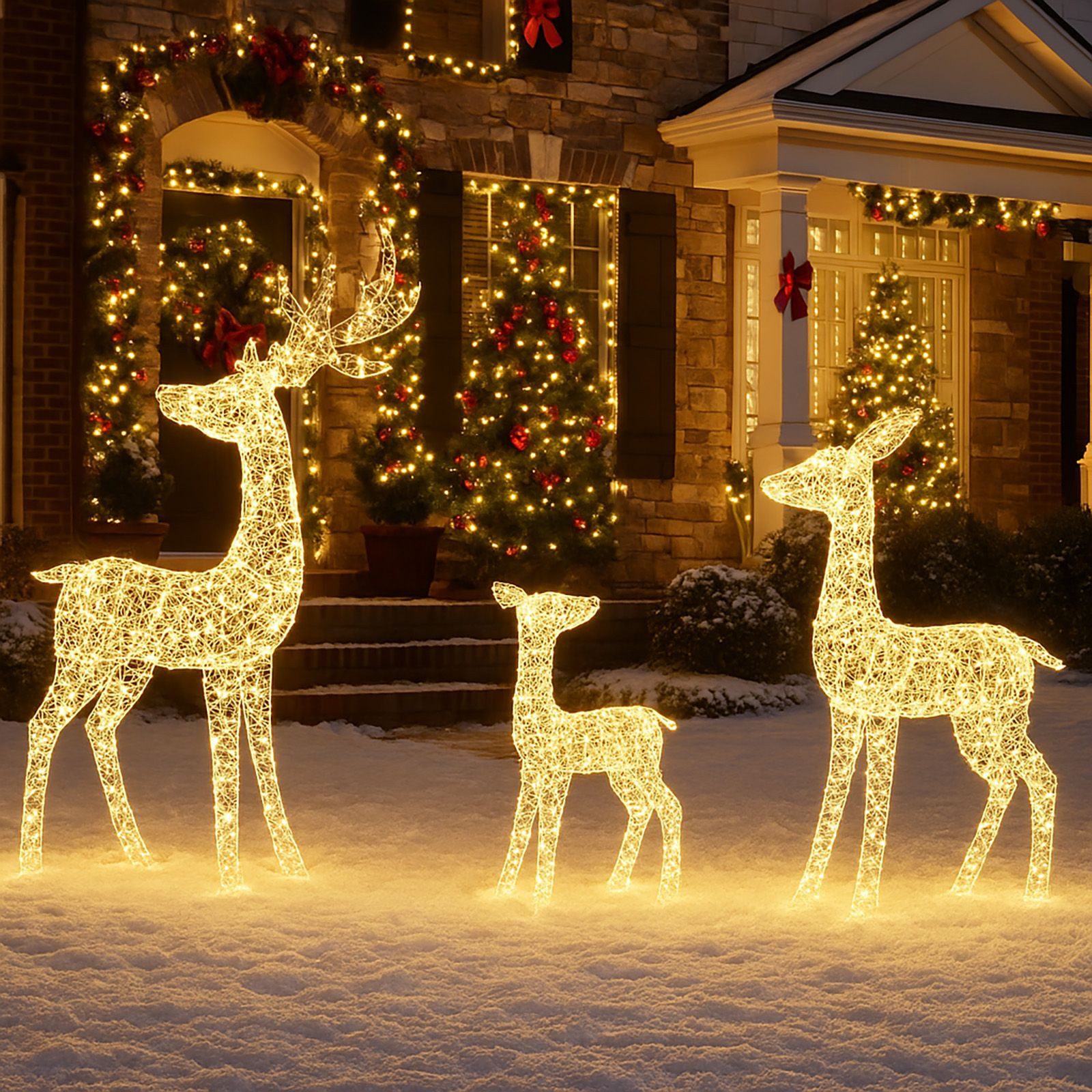 BURI Dekofigur 3er Set LED Rentiere 700 LEDs mit Timer Weihnachtsdeko Outdoor