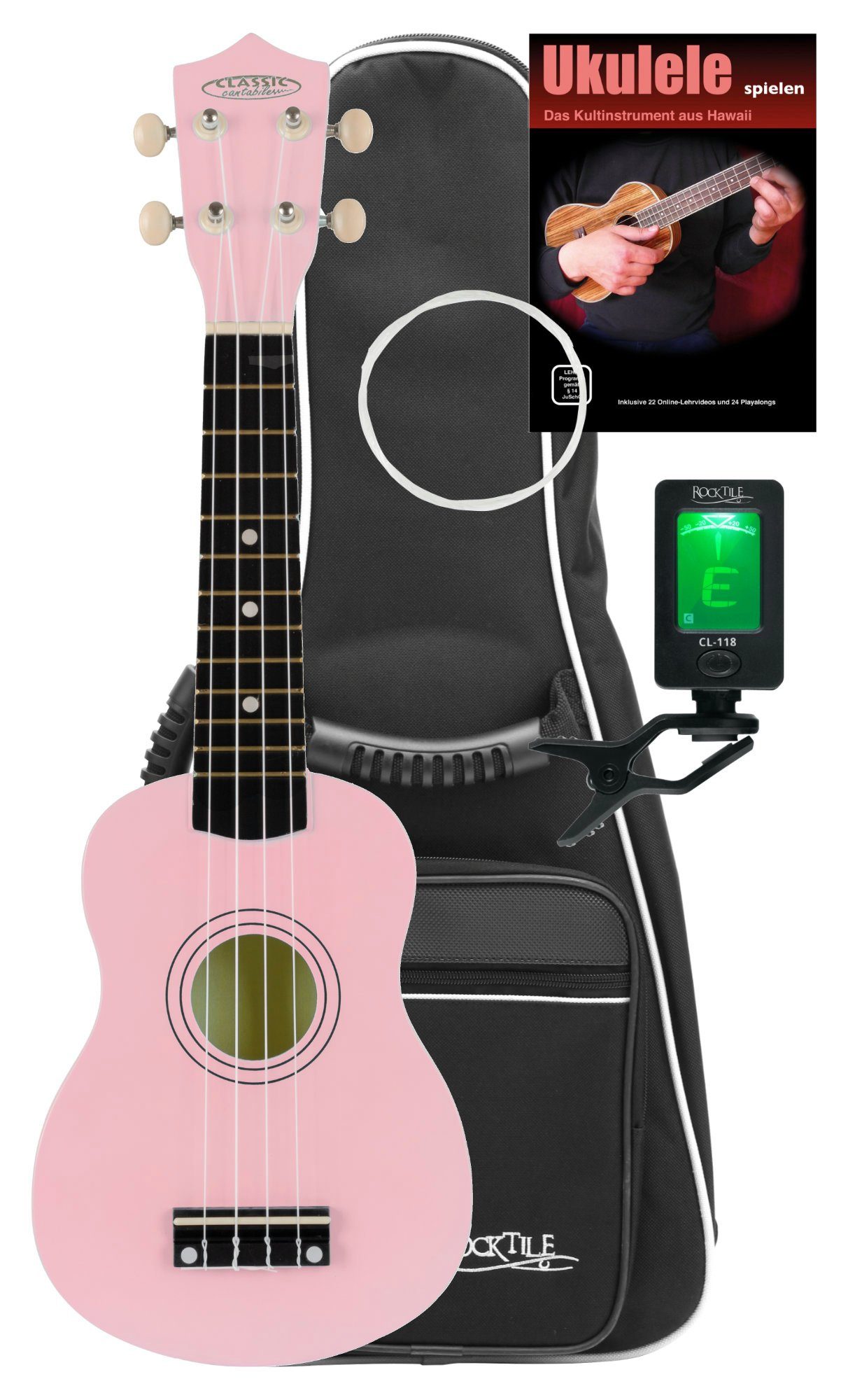 Classic Cantabile Ukulele US-50, Sopranukulele, Starter-Set, inkl. Tasche, Stimmgerät, Ersatzsaiten und Schule, Ukulele mit 12 Bünden