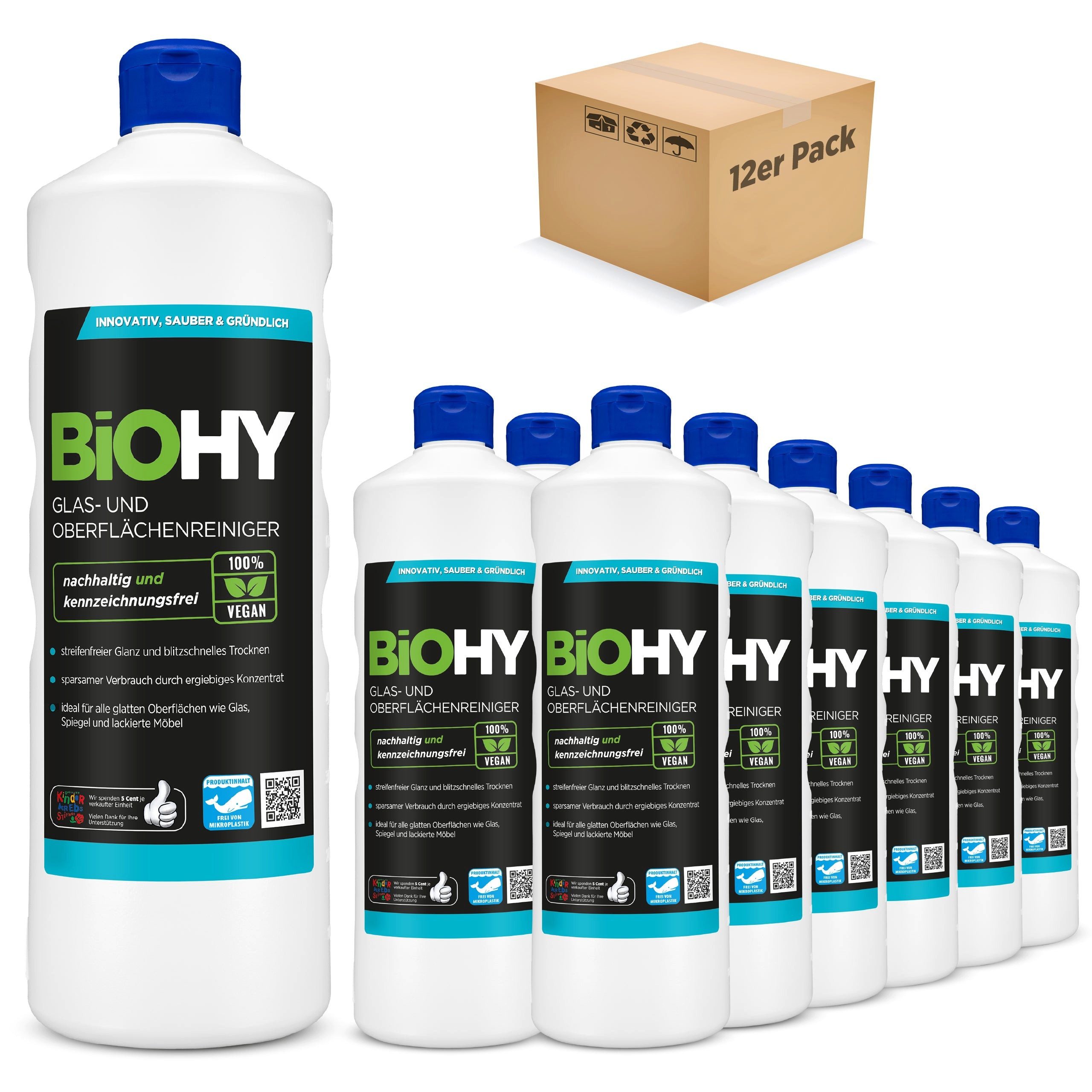 BiOHY Glas- und Oberflächenreiniger 12er Pack (12 x 1 Liter Flasche)... Glasreiniger (12-St)