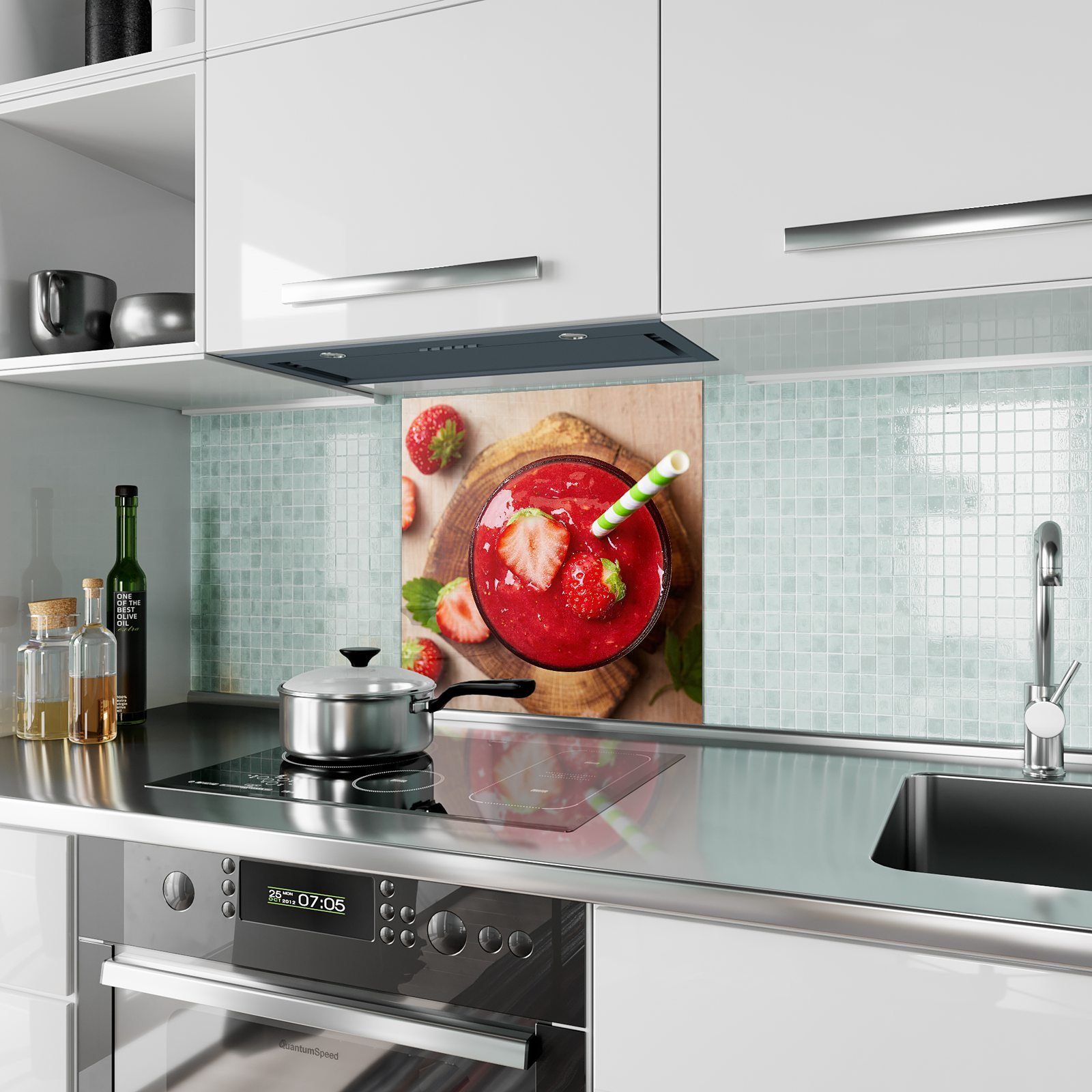 Primedeco Motiv Smoothie Küchenrückwand Erdbeeren Glas Spritzschutz mit Küchenrückwand aus