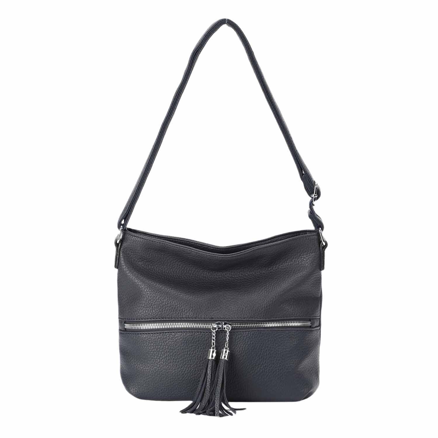 ITALYSHOP24 Schultertasche Damen Tasche Crossbody Shopper Umhängetasche Handtasche Leder Optik, Hobo Bag Damentasche City Bag Freizeit CrossOver Fransen Henkeltasche