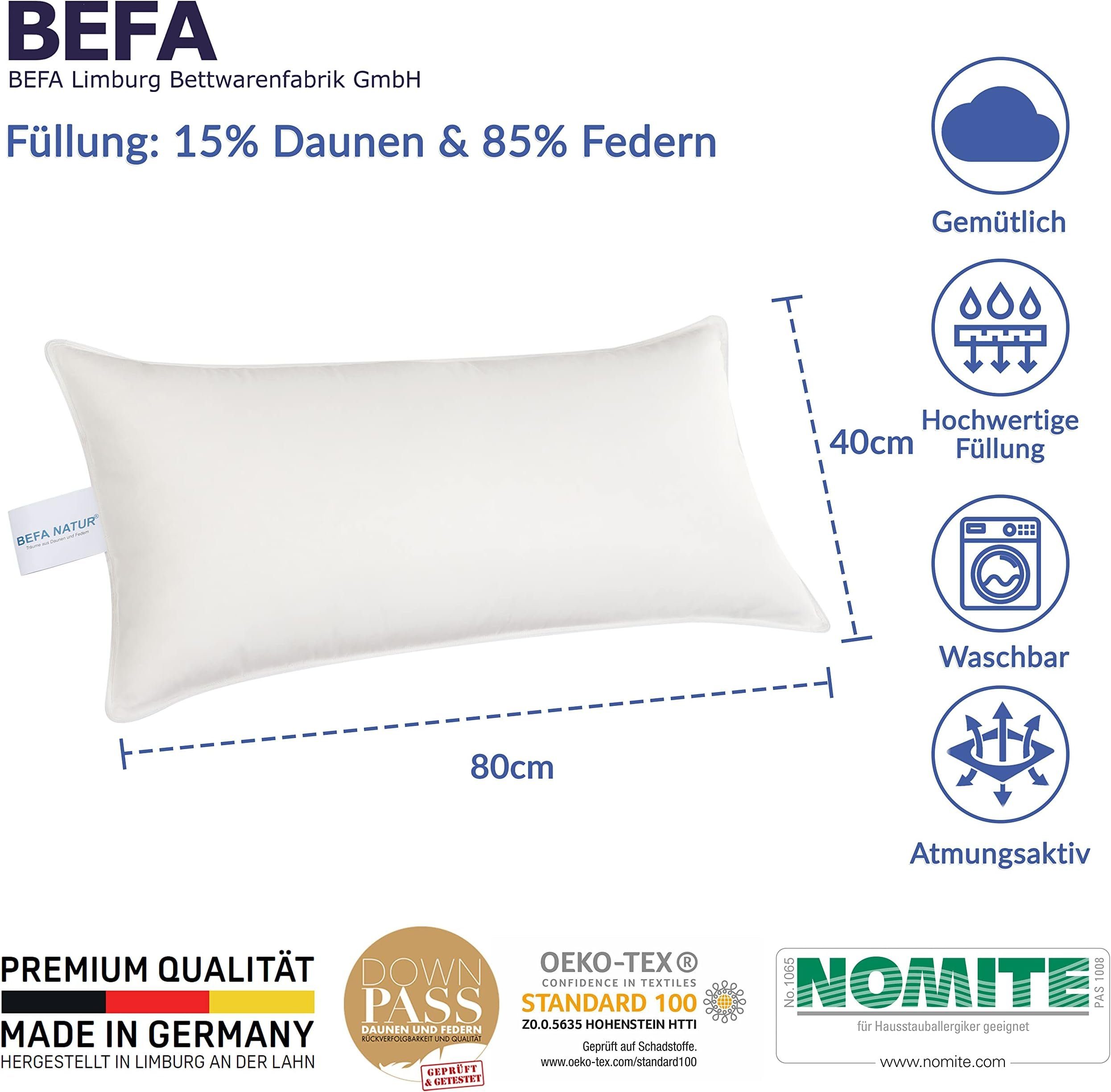 BEFA NATUR Daunenkissen Premium Daunenkopfkissen 40 x 80 cm, Füllung: 15% Daunen, 85% Federn, Bezug: Baumwolle, Seitenschläfer, Rückenschläfer, Bauchschläfer, Spar-Set, 1 oder 2 tlg., Made in Germany - himmlischer Schlafkomfort - Allergiker geeignet