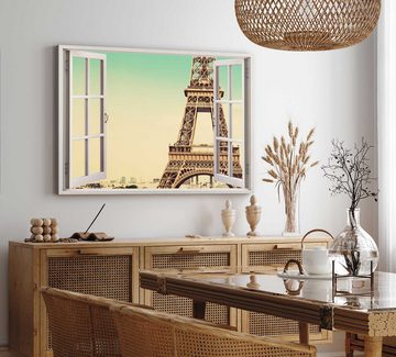 Sinus Art Leinwandbild Wandbild 120x80cm Fensterbild Paris Eiffelturm Frankreich Fotokunst, (1 St)