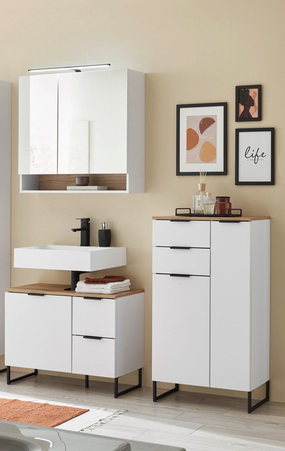 BEGA BBK Badezimmer-Set (3-tlg) in weiß matt / Evoke Eiche Dekor - 160x195x35 (BxHxT), (3-tlg., bestehend aus: Waschbeckenunterschrank,Spiegelschrank, Highboard)