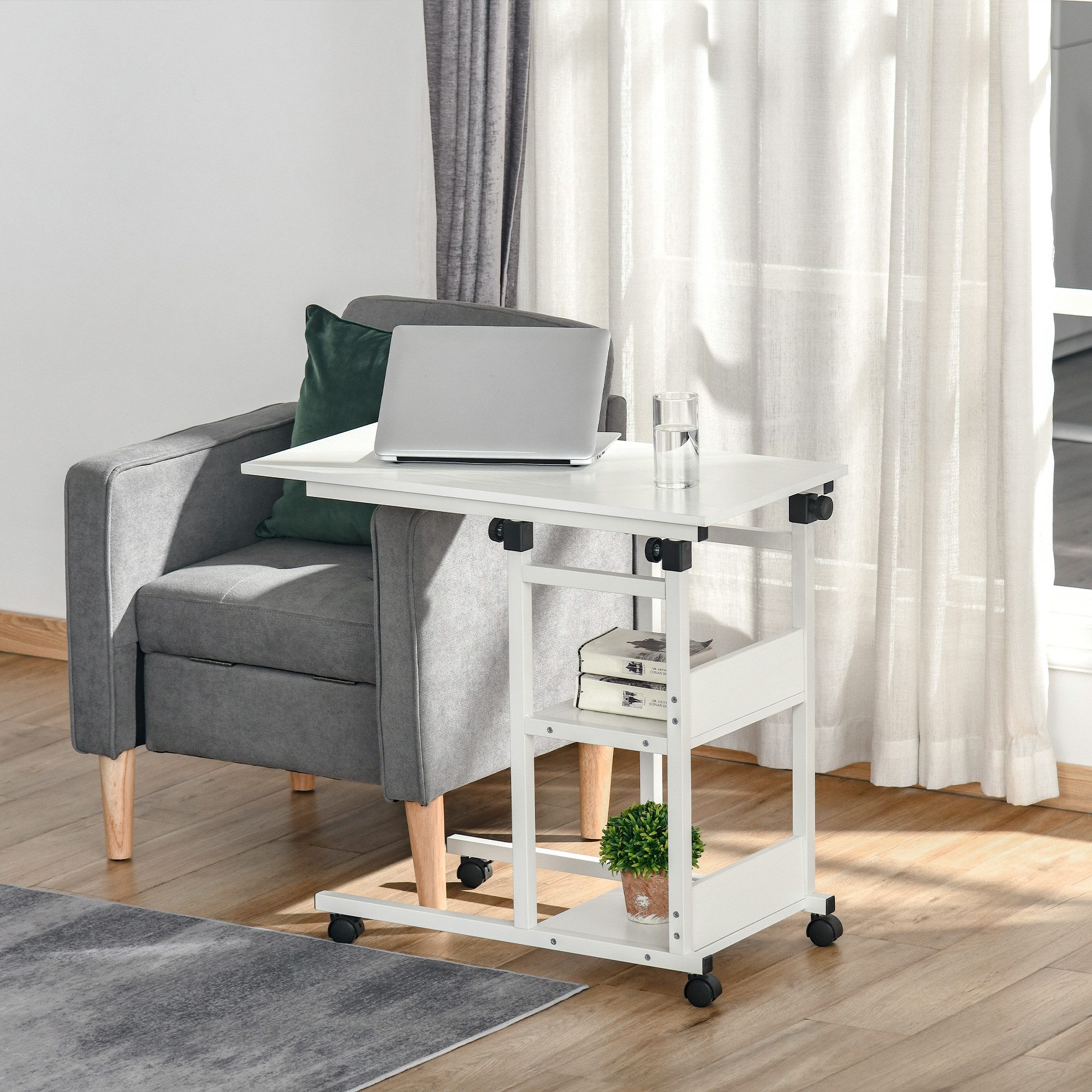 HOMCOM Beistelltisch Couchtisch mit Rollen, Schreibtisch mit 2 unteren Regalen, Sofatisch (Laptoptisch, 1-St., Betttisch), für Esszimmer Wohnzimmer, Metall, Weiß, 80x40x72-82 cm