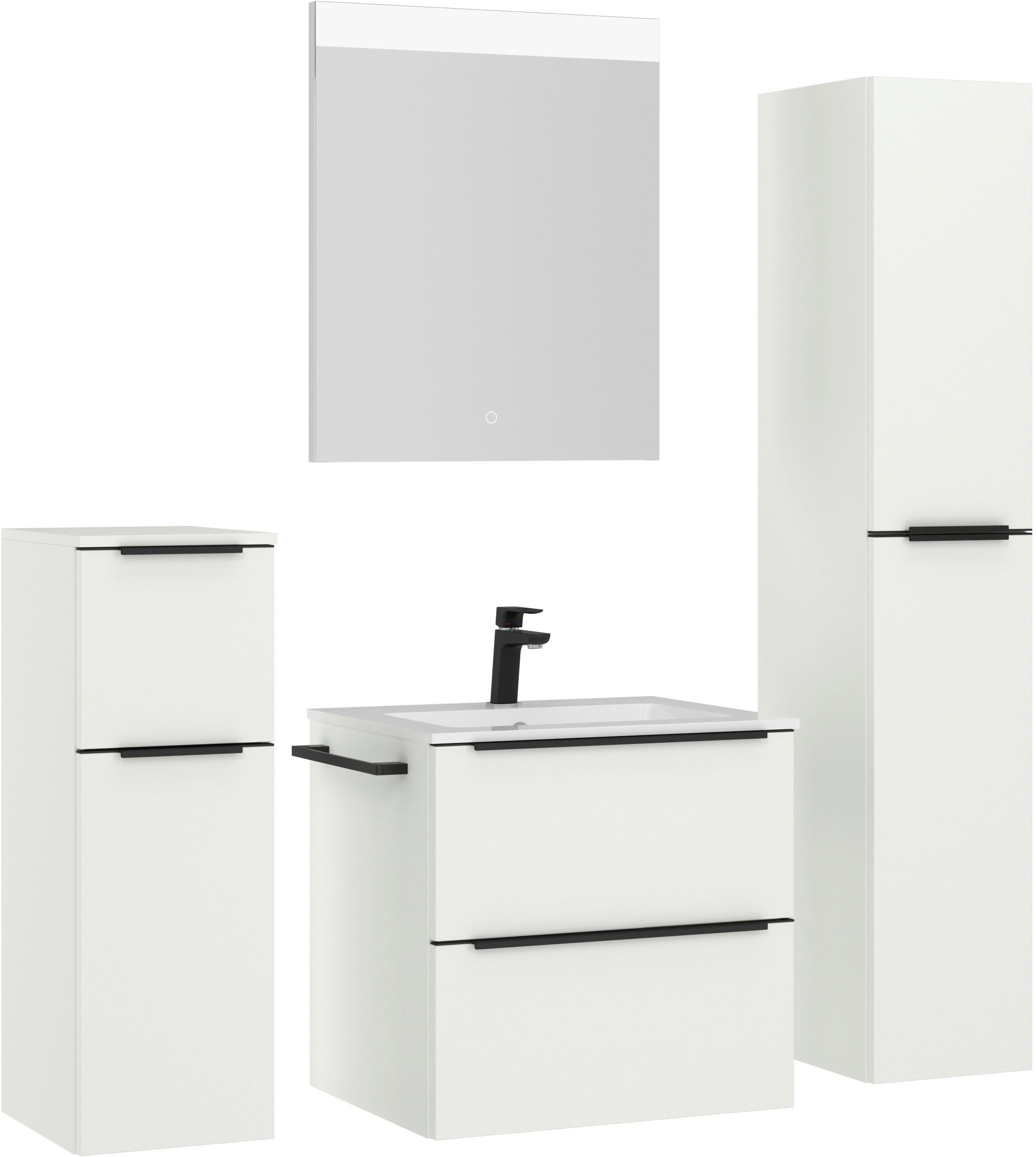 nobilia® Badmöbel-Set Levere, (4-St., vormontiert, mit Soft-Close), inkl. Spiegel mit Touch-Sensor, in vier Breiten