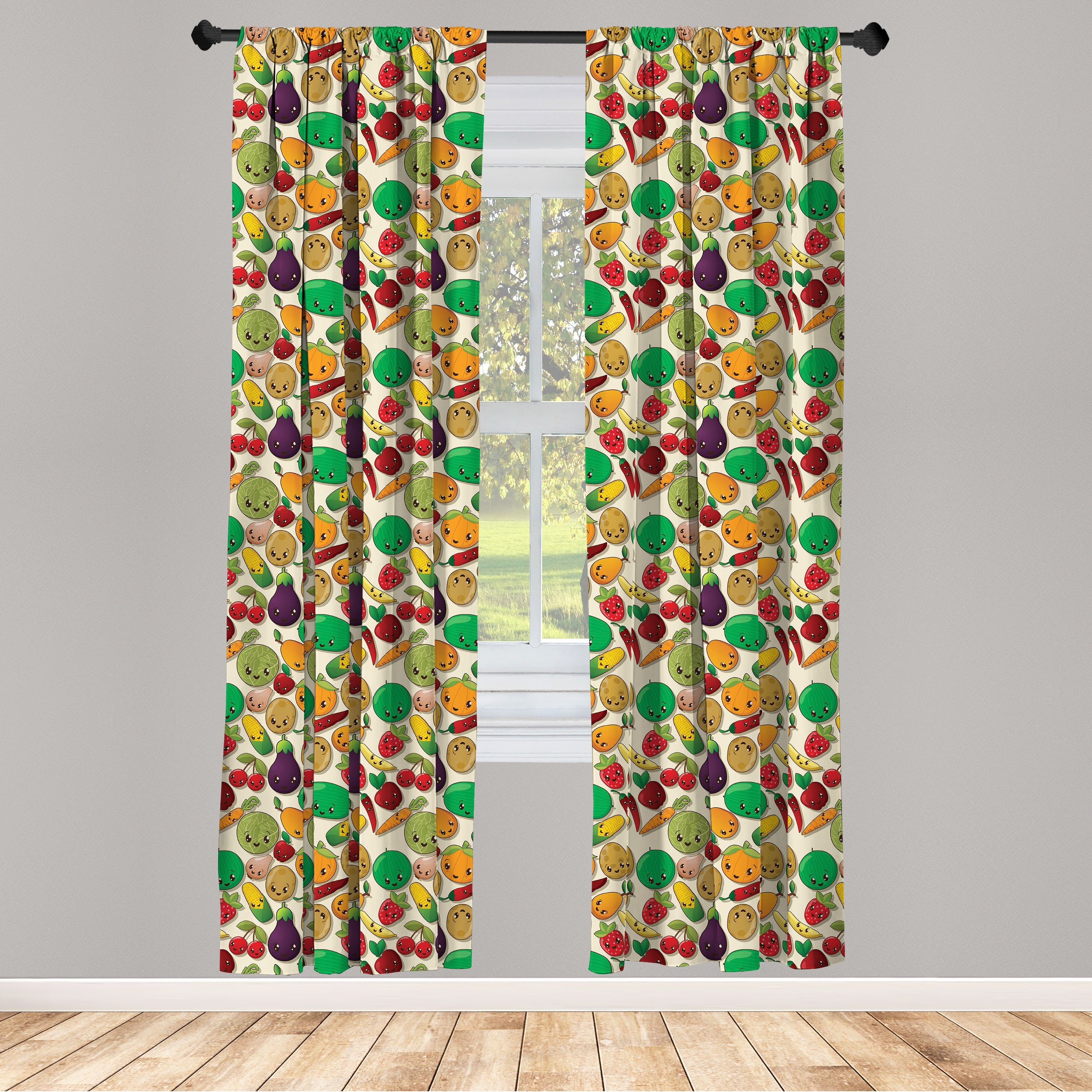 Gardine Vorhang für Wohnzimmer Schlafzimmer Dekor, Abakuhaus, Microfaser, Anime Gemüse, Obst, Kawaii