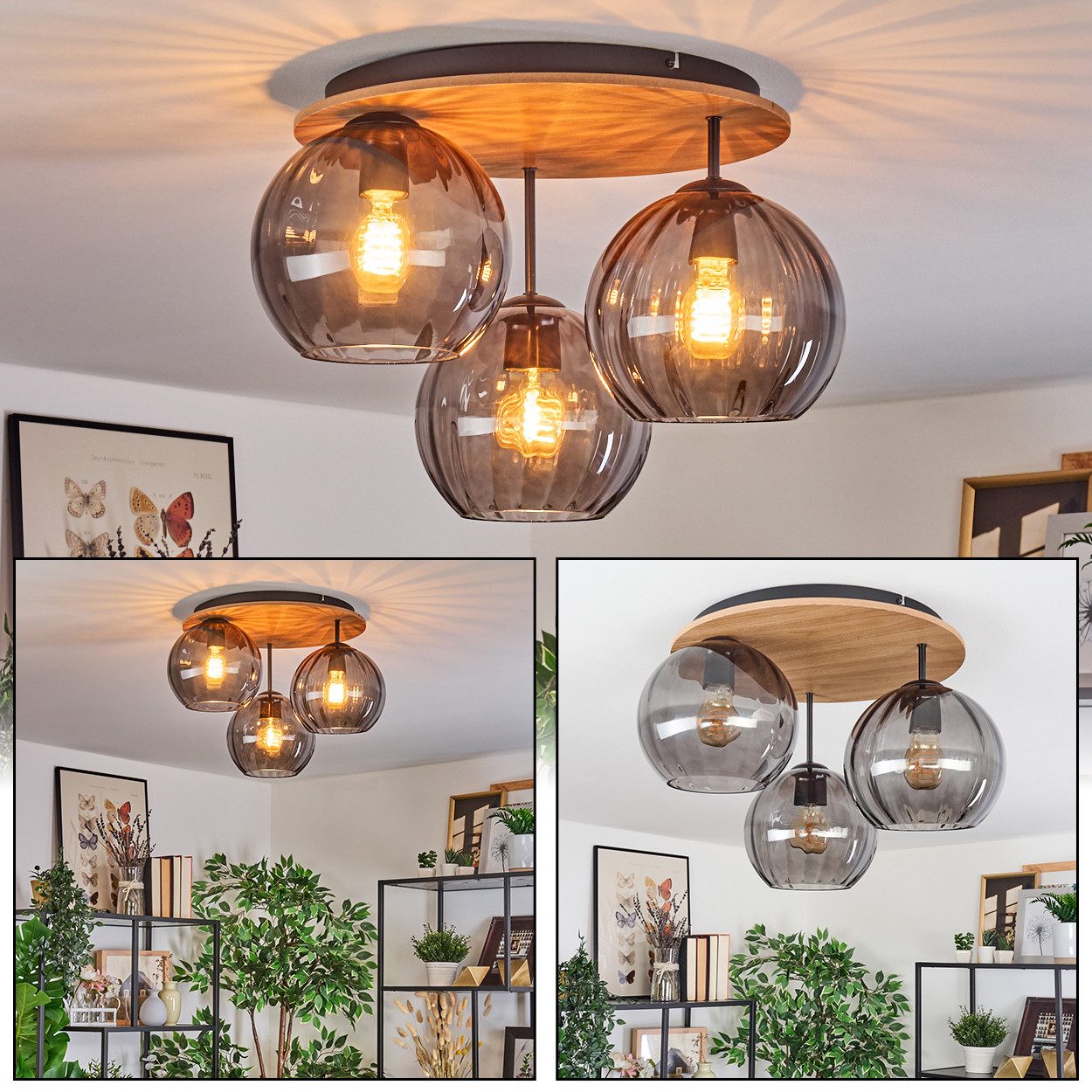 hofstein Deckenleuchte Deckenlampe aus Metall/Holz/Riffelglas in günstig online kaufen