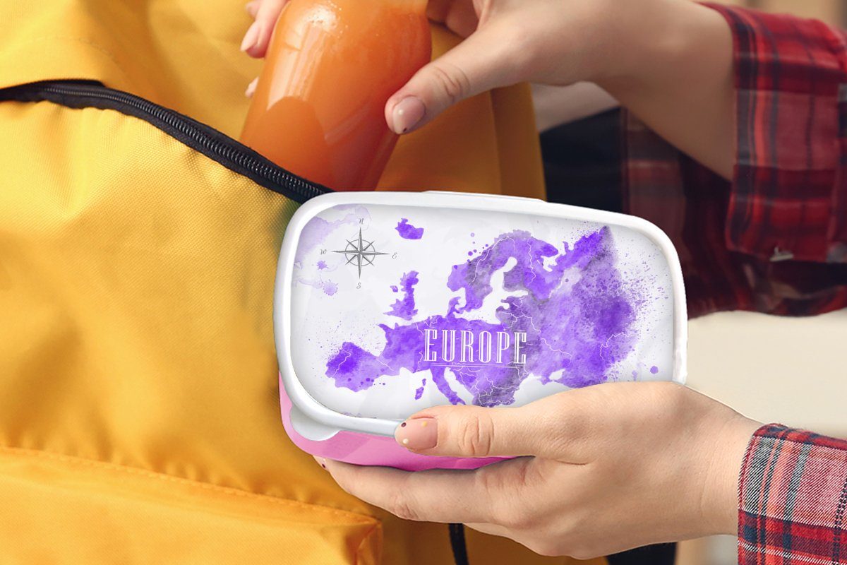 Weltkarte MuchoWow für Europa rosa (2-tlg), Brotbox Brotdose Snackbox, - - Kinder, Farbe, Erwachsene, Lunchbox Kunststoff, Kunststoff Mädchen,