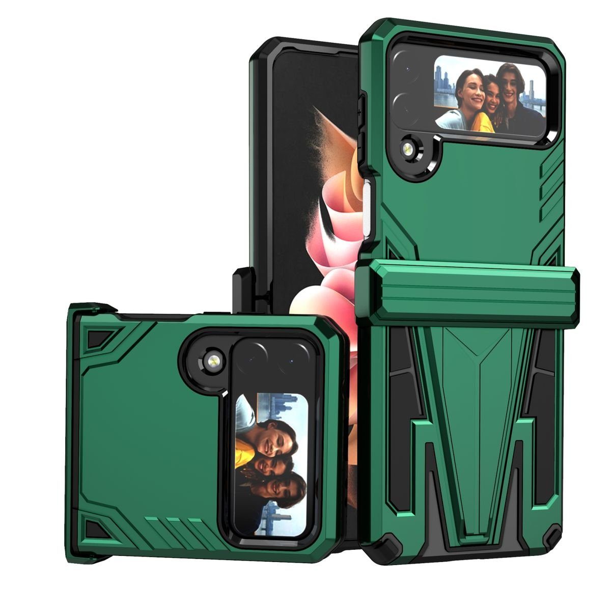 Wigento Handyhülle Für Samsung Galaxy Z Flip4 5G Outdoor Armor Kunststoff Super V Hart Cover Handy Tasche Hülle Etuis Grün