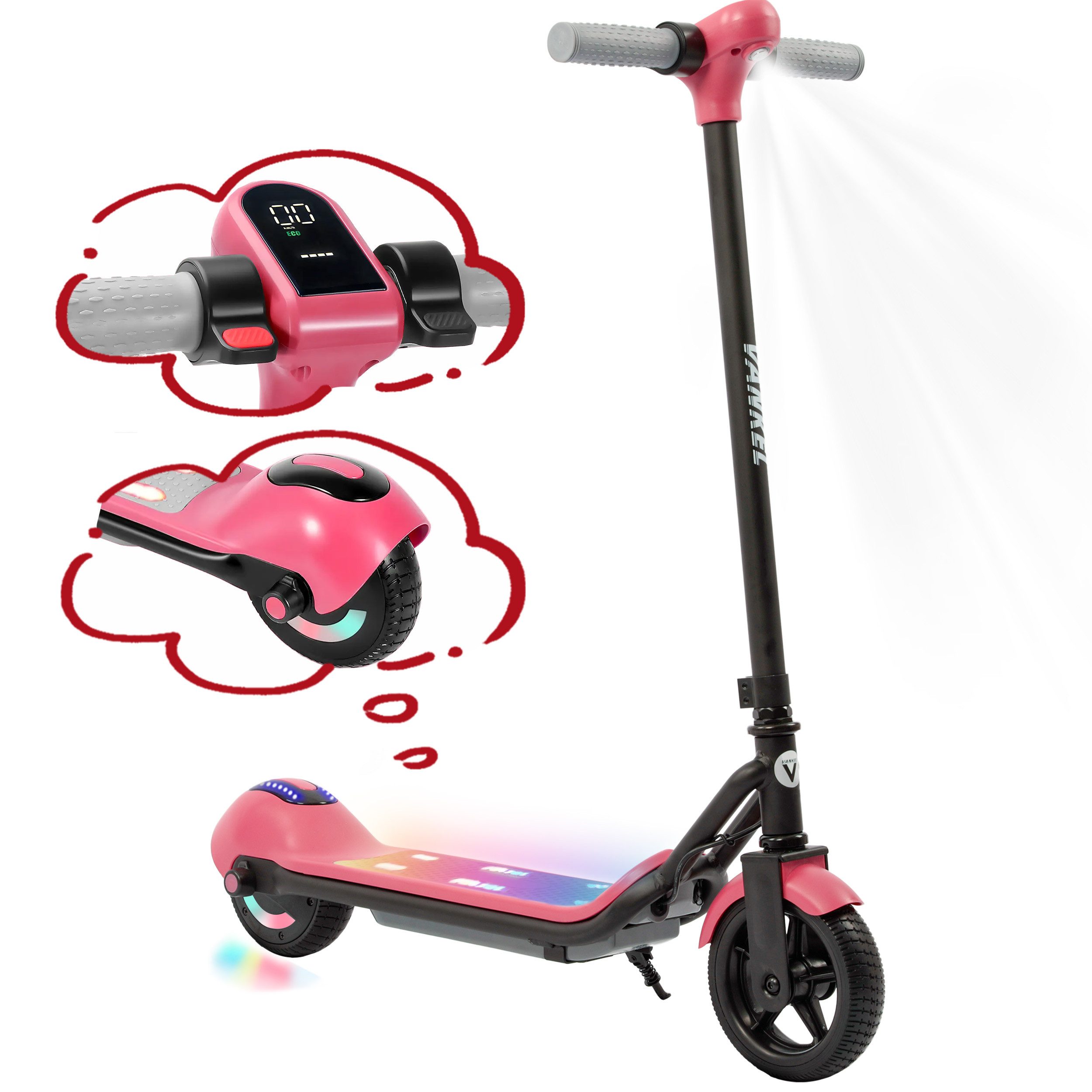 Vankel Elektro-Kinderroller E-Scooter für Kinder, ab 6 Jahren, mit Bunten LED-Lichter & Bluetooth, 14 km/h Kinderroller, E-Bremse, 5–9 km Reichweite
