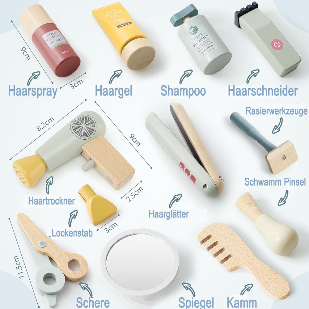 CLTYQ Spielzeug-Frisierkoffer Friseur Set Spielzeug aus Holz,Rollenspiel-Spielzeug,Haarstyling, mit Haartrockner, Lockenstab,ideales Geschenk für 3–8 Jahre
