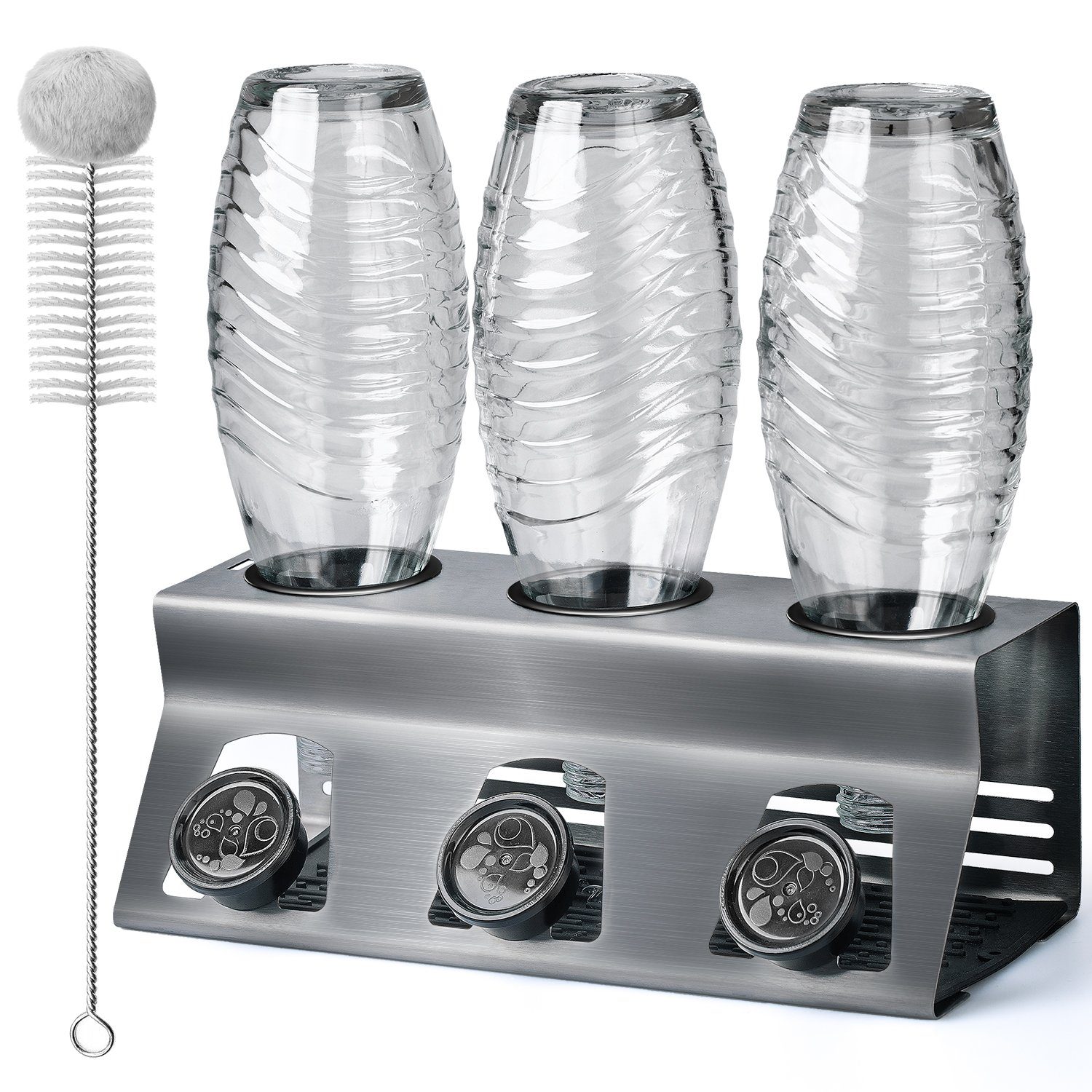 Sidorenko Flaschenhalter für SodaStream aus Edelstahl mit Kantenschutz, (Für, 3-St., Flaschen mit Flaschenbürste und Abtropfmatte), für Soda Stream Crystal, Easy, Fuse, Emil Flaschen