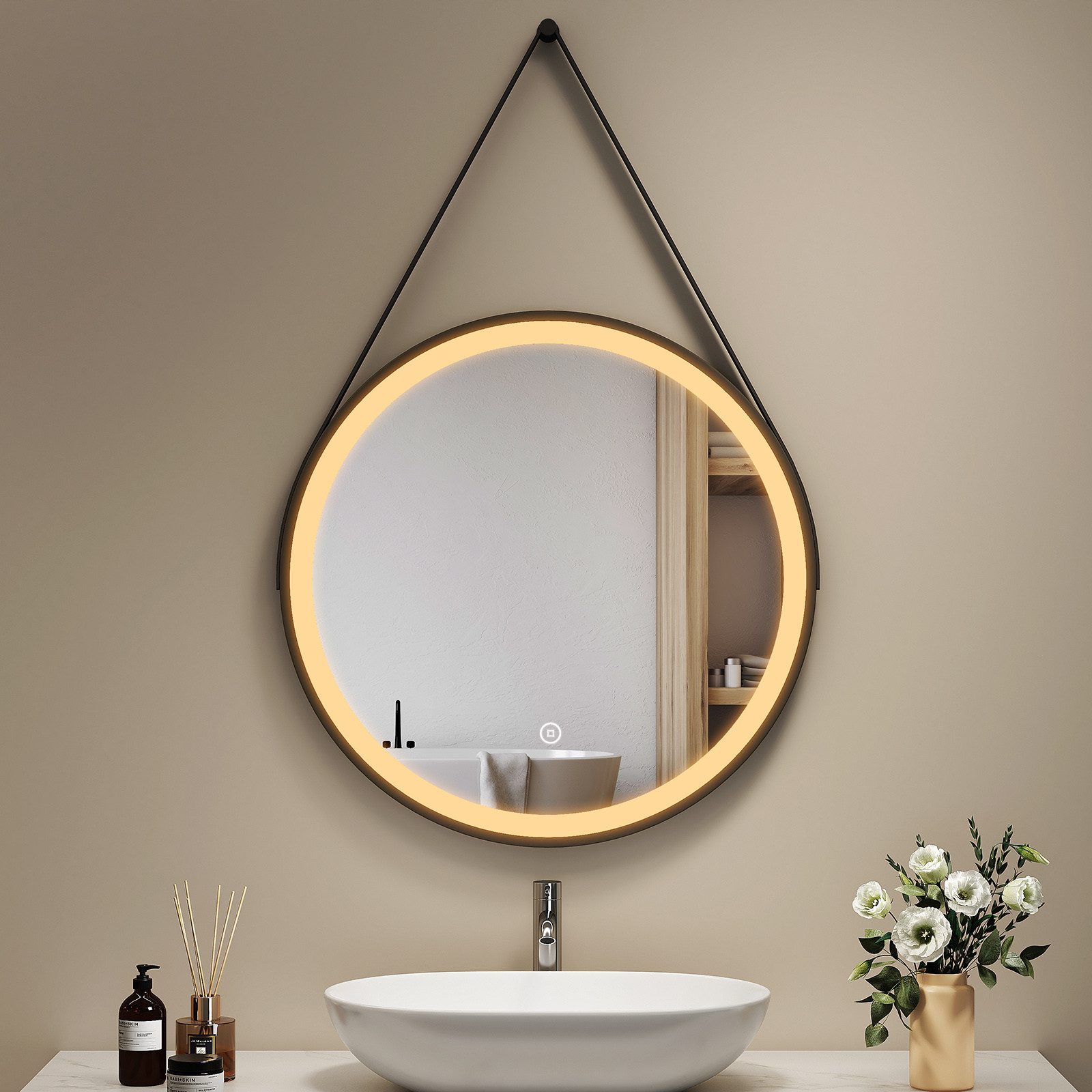 EMKE Badspiegel mit Beleuchtung Rund Badezimmerspiegel schwarzem Rahmen (50-80cm, Touchschalter), Dimmbar Warmweißes/Kaltweißes/Neutrales Licht, IP44