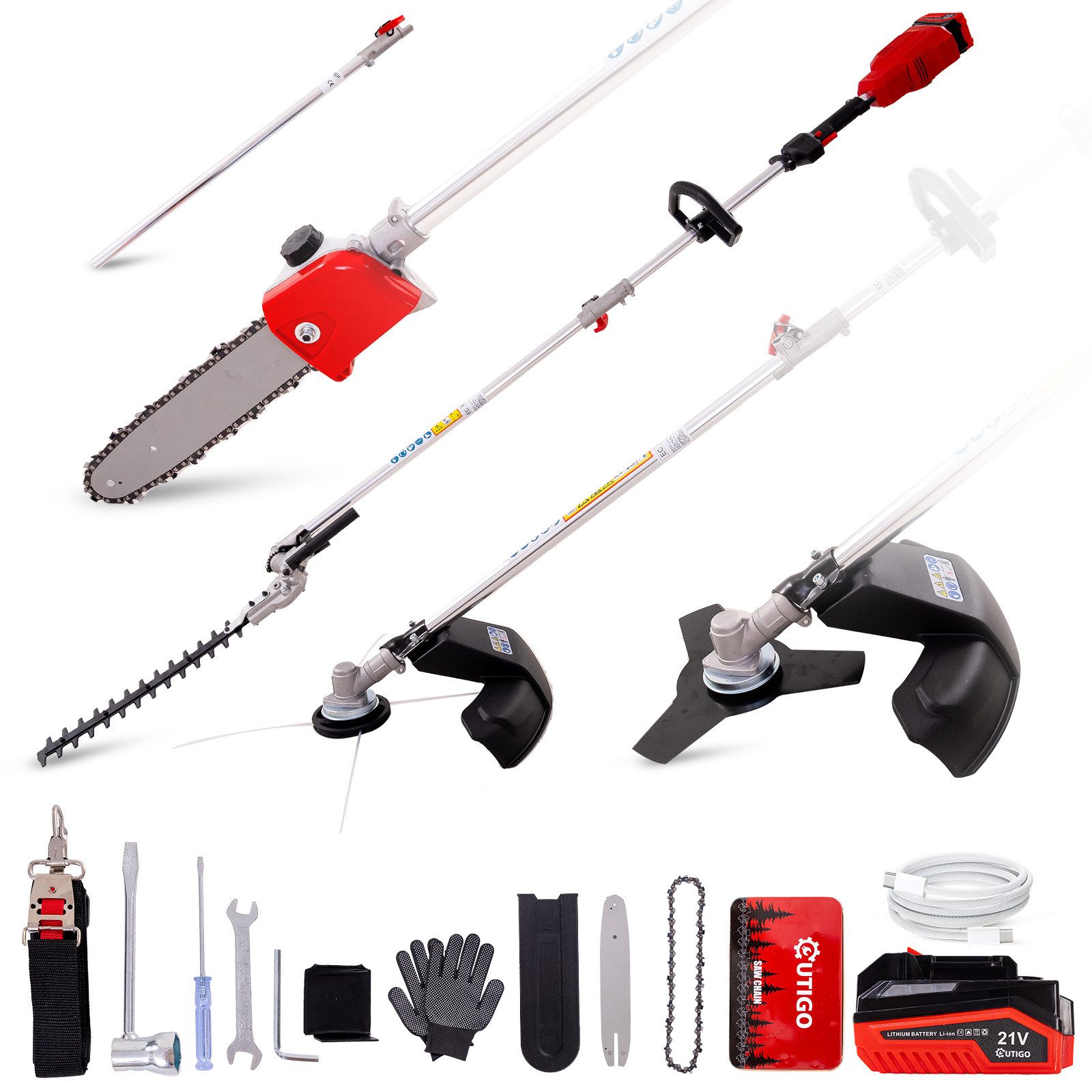 OUTIGO Akku-Motorsense,Multifunktions Akku Rasenmäher, 1000-W-Hauptmotor, 4-in-1 Heckenschere, Rasenmäher und Hochentaster