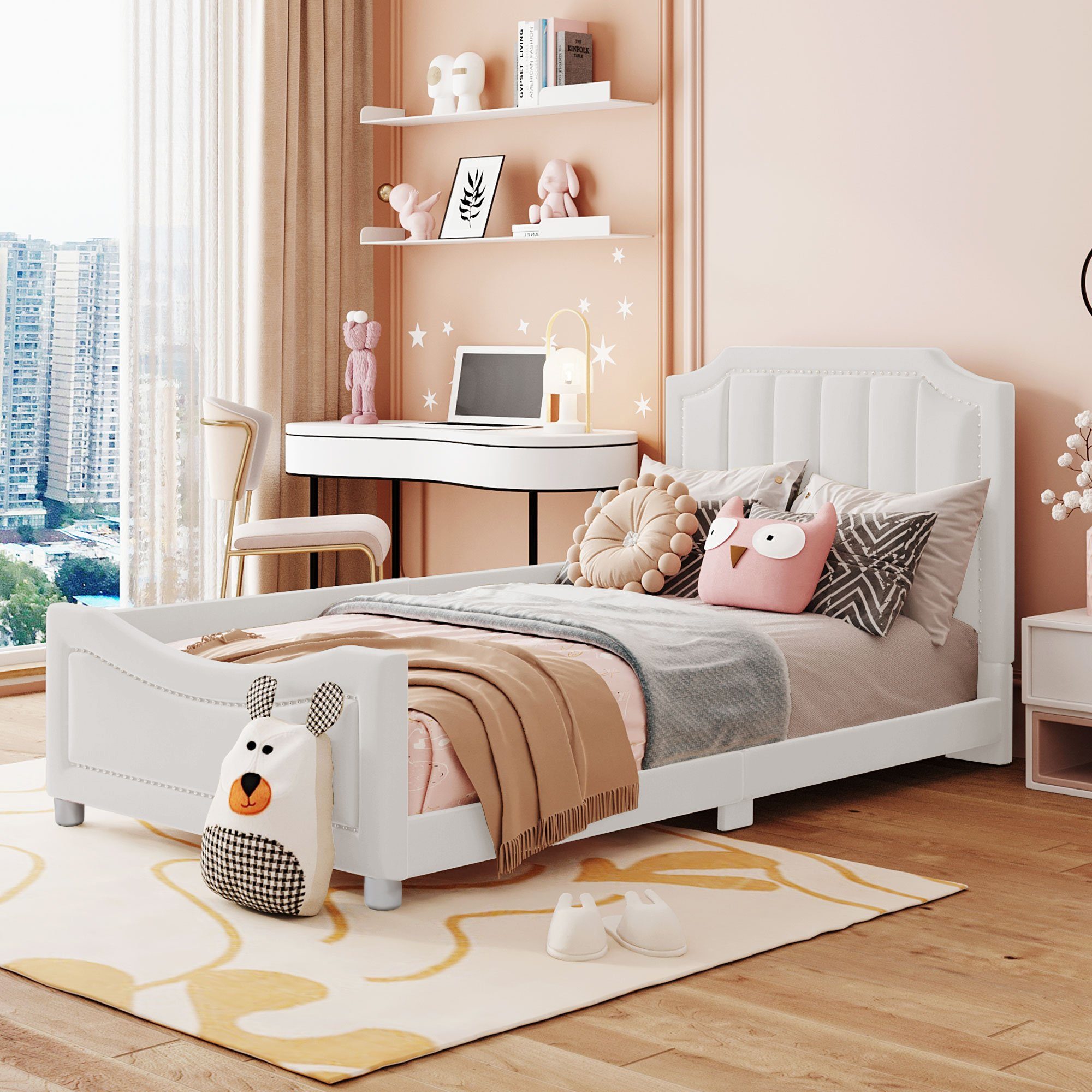 OKWISH Kinderbett Multifunktions-Weichbett 90x200 cm aus weichem Flanell (Mit integrierter, gepolsterter Rückenlehne für gemütliches Sitzen), Als Jugend- oder Gästebett ohne Matratze nutzbar