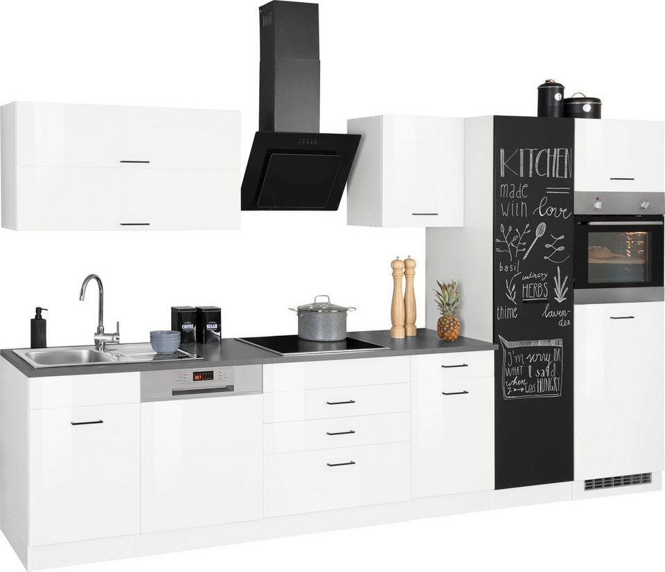 HELD MÖBEL Küchenzeile Trier, mit E-Geräten, Breite 350 cm, Vorratschrank  mit schwarzer Tafelfront zum Beschreiben mit Kreide