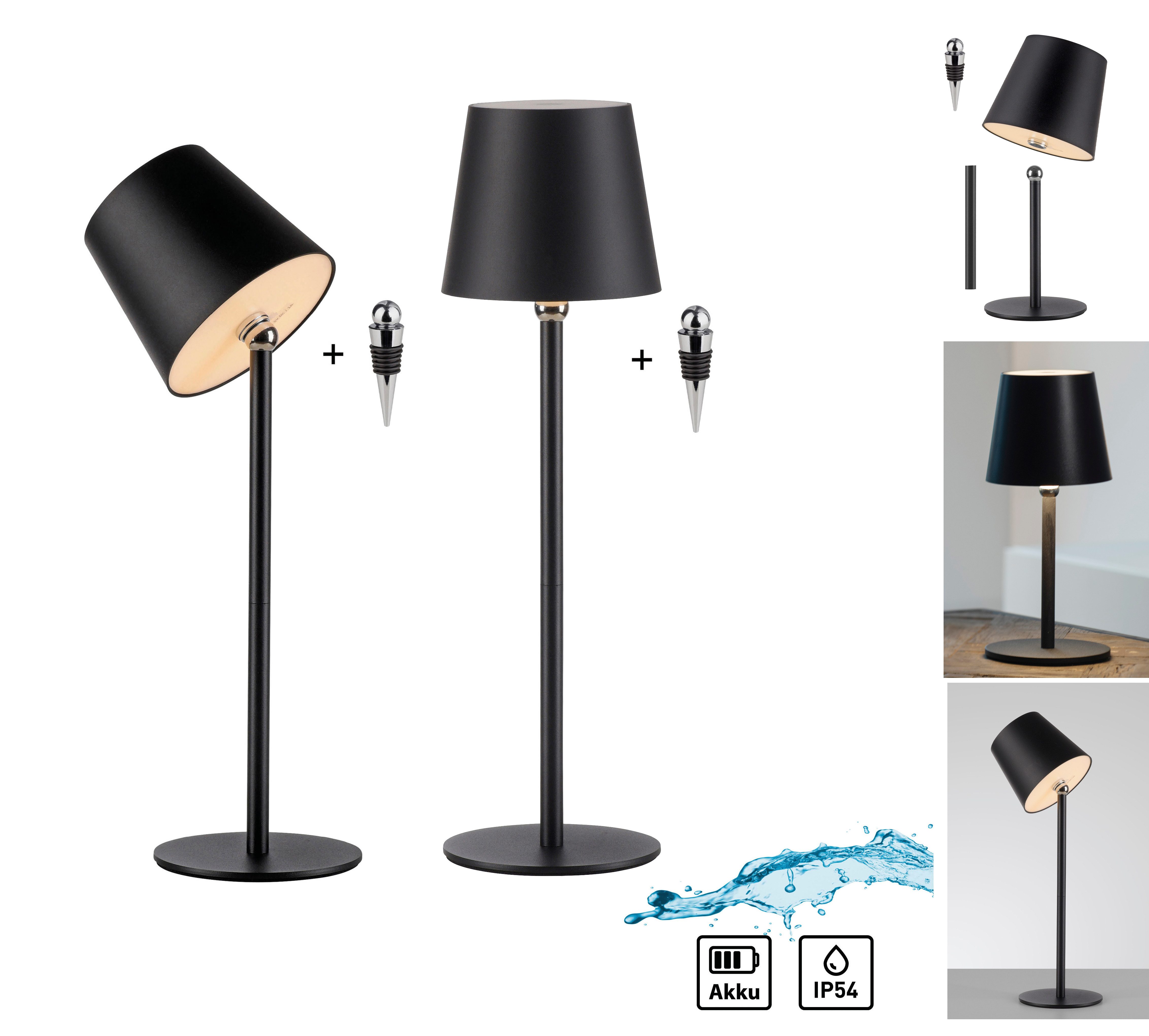 JUST LIGHT LED Tischleuchte BOTERIA - Set 2 Stück, inkl. Flaschenaufsatz, Memoryfunktion, LED fest integriert, Warmweiß, Akkubetrieben, aufladbar, magnetisch, dimmbar, In- und Outdoor