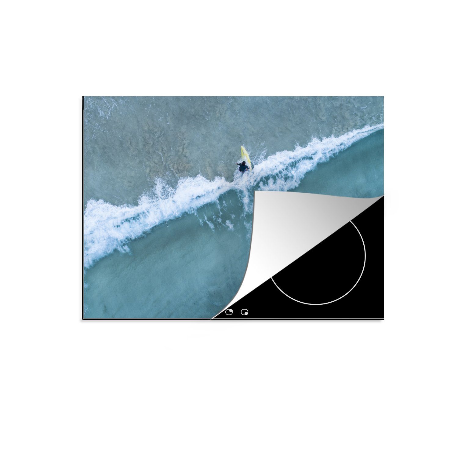 MuchoWow Herdblende-/Abdeckplatte Luftaufnahme eines Surfers in den blauen Wellen, Vinyl, (1 tlg), 70x52 cm, Mobile Arbeitsfläche nutzbar, Ceranfeldabdeckung