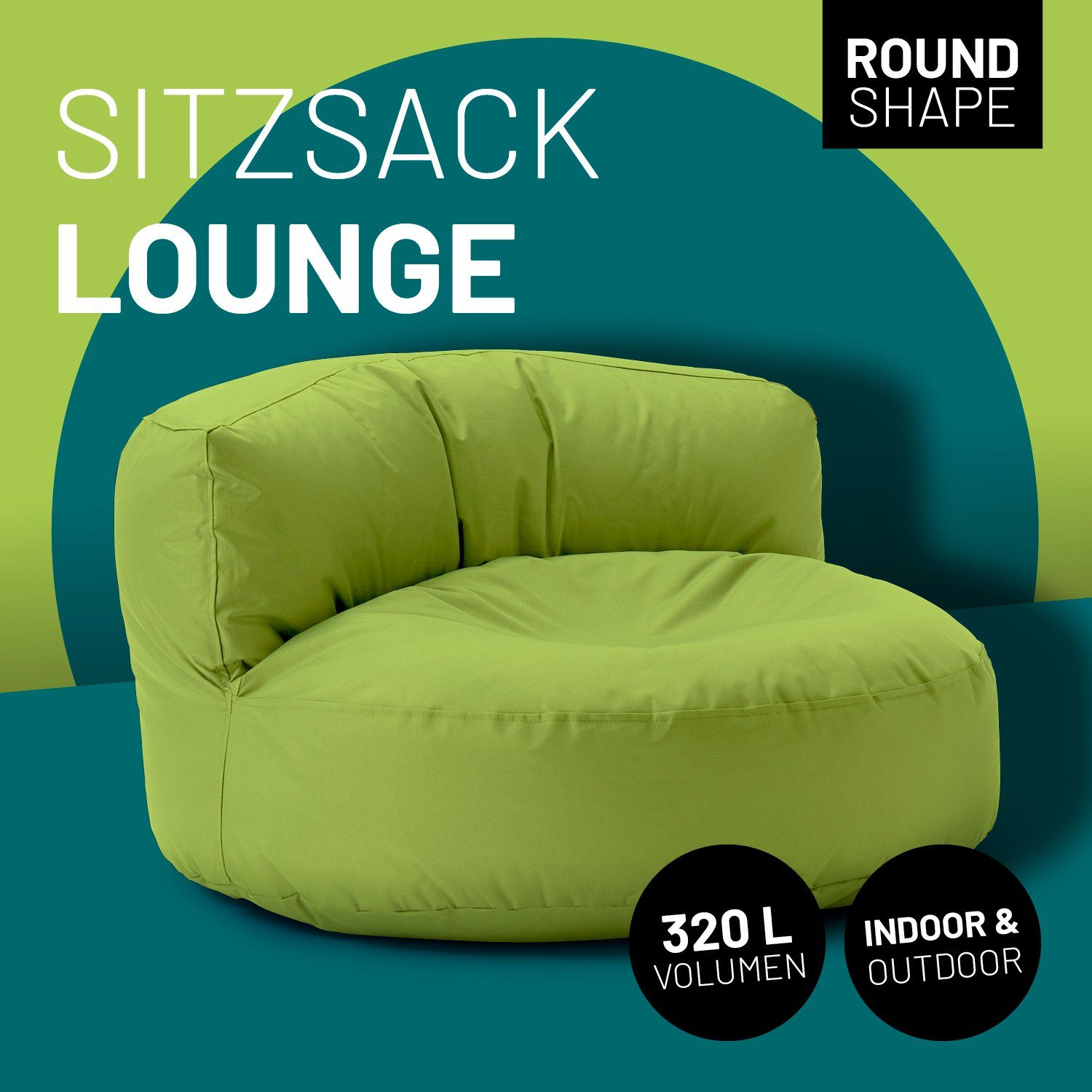 Outdoor Rückenlehne Bean Lounge, inkl. Lumaland Couch 90x90x50cm Bag In-& Sofa grün Sitzkissen Round Sitzsack