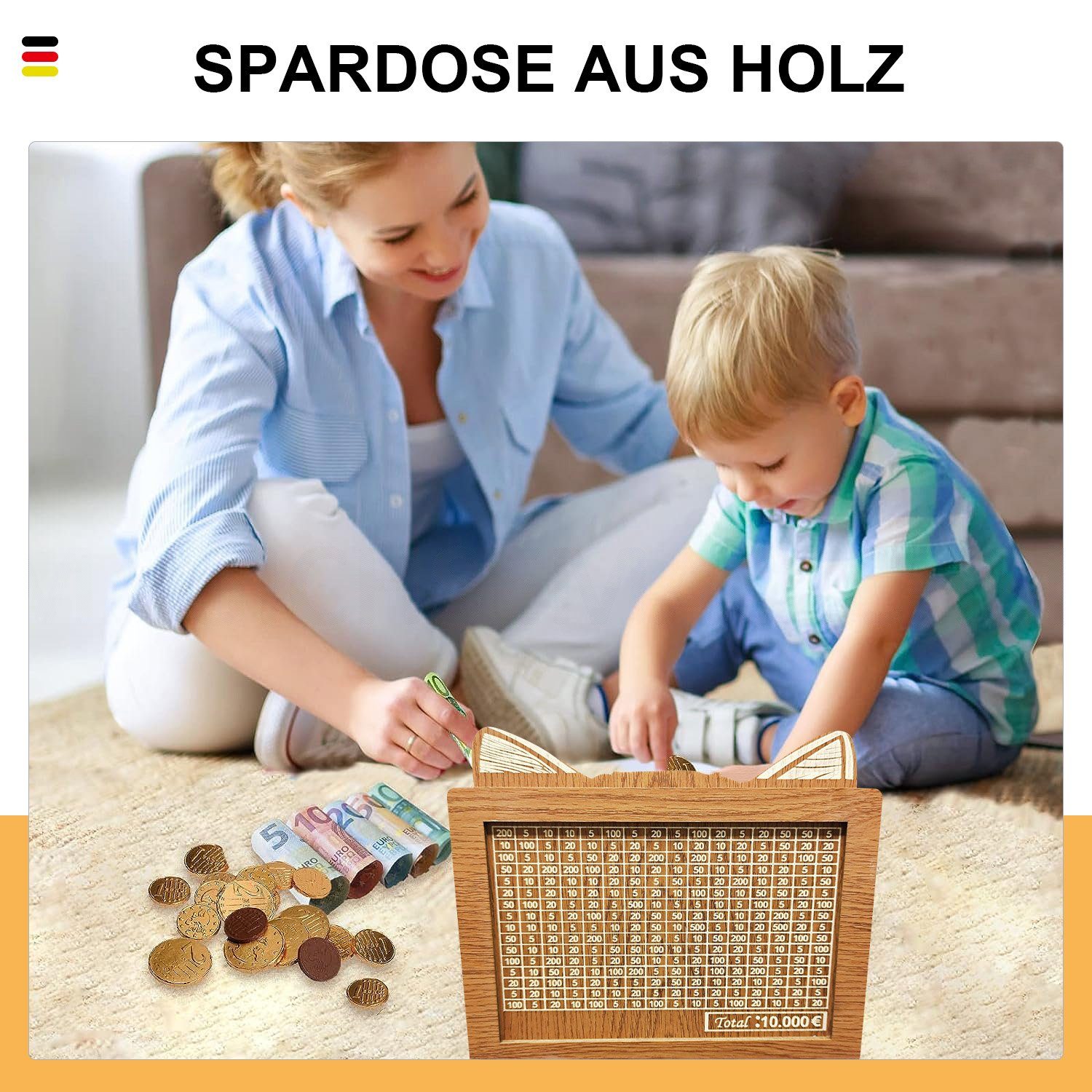 MAGICSHE Spardose aus mit Zähler Holz Katzenohr-Form