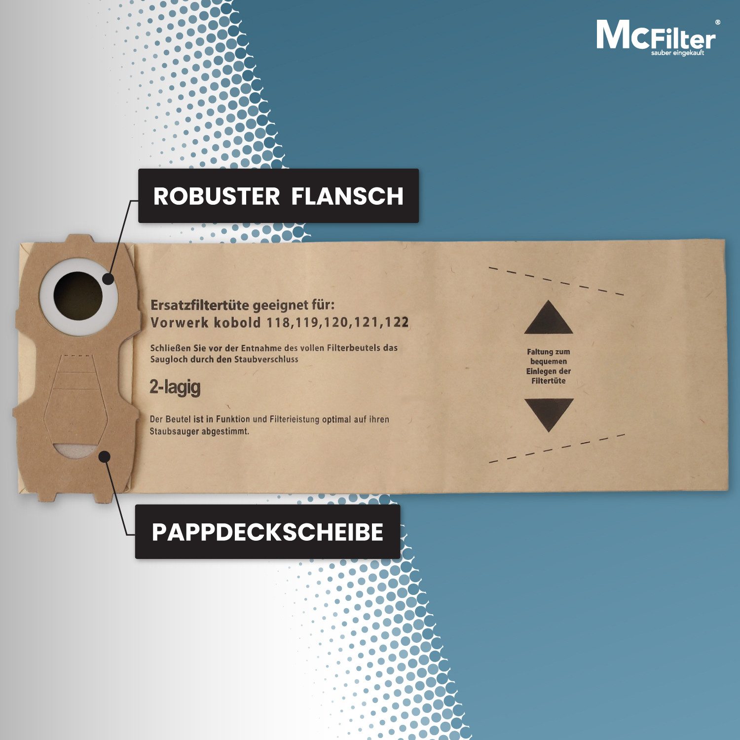 McFilter Staubsaugerbeutel Alternative zu Swirl V62 V 62, passend für Vorwerk Kobold Staubsauger, Pappdeckscheibe, Reißfest, 10 St., Top Filtration, 2-lagiges Spezialpapier, Staubverschluss