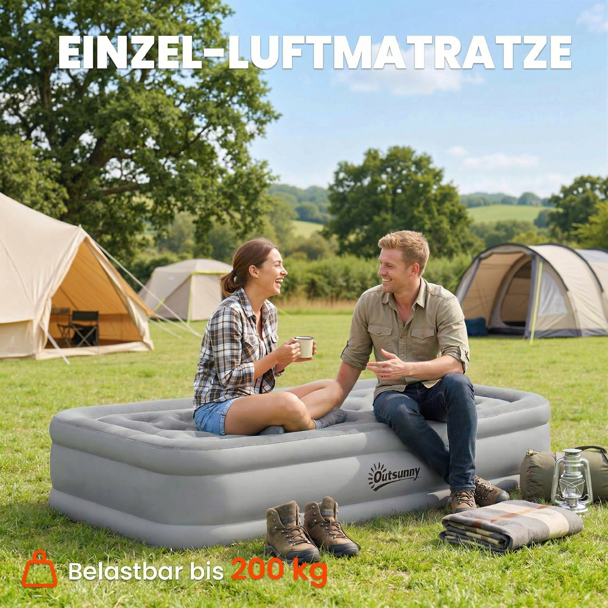 Outsunny Luftmatratze 1 Person mit integrierter elektrischer Pumpe, Tasche, wasserdicht, (Selbstaufblasend Luftbett, 5-St., Gästebett), für Camping Zuhause 190x – Bild 5 von 5