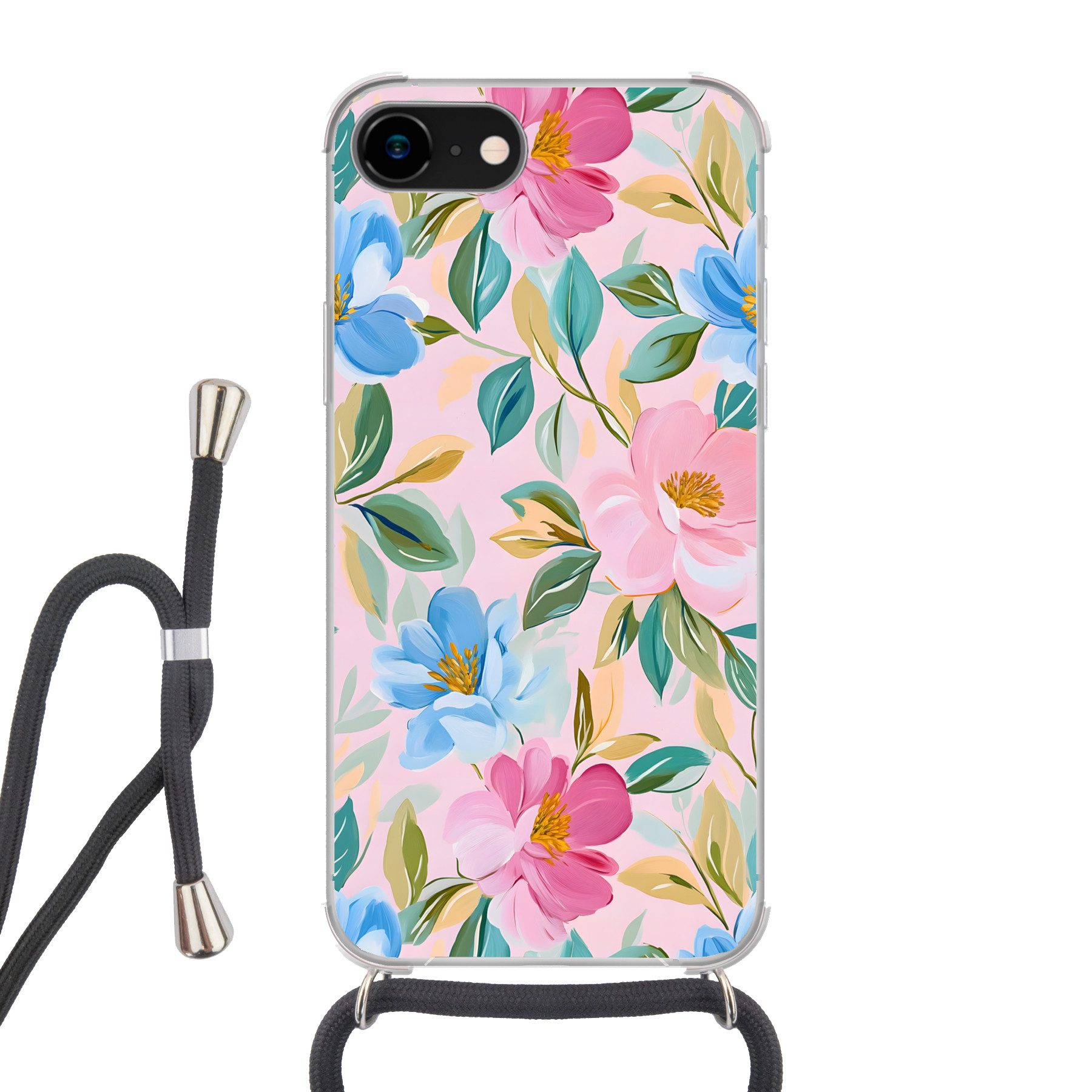MuchoWow Handyhülle für Apple iPhone 8 Blau - Rosa - Blumen, Tragbare Handyhüllen mit Kette zum umhängen, Handykette Handyband