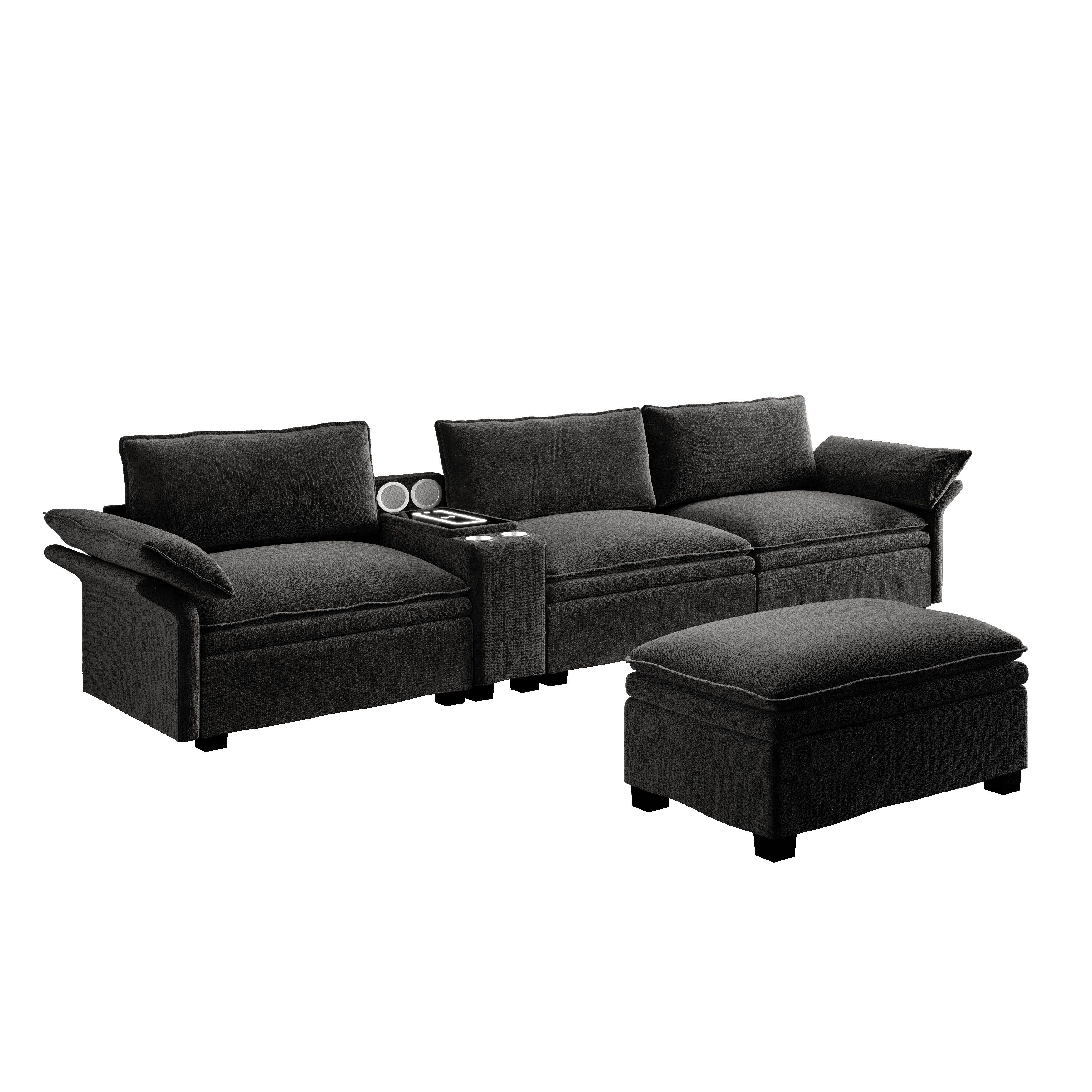 STILVORA Ecksofa 3 Sitzer Sofa L-förmige Chenille Wohnzimmersofa mit Ottoman, Modulares L-Sofa 315cm, Cloud Couch, Ottoman, Chenille, Bluetooth, Licht, kabelloses Laden, flexibel, komfortabel